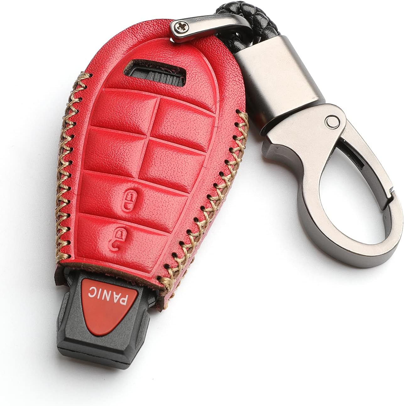 WFMJ Cuero para Dodge Ram Charger Durango Grand Caravan Journey Challenger Remoto 3 Botones Funda Funda Llavero Cadena Fob (Rojo)
