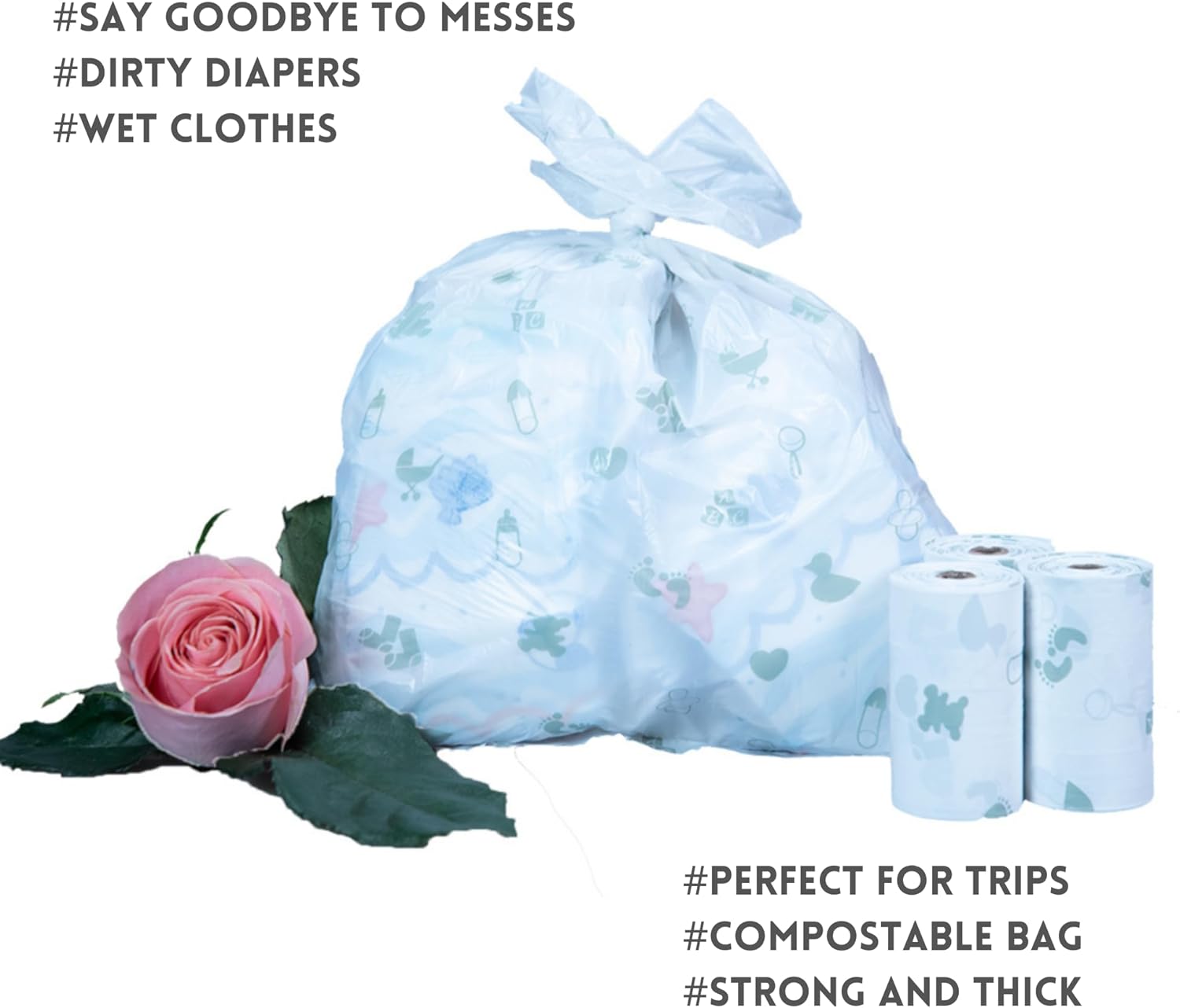Dispensador de bolsas de pañales portátil rosa, 100 bolsas de pañales perfumadas y compostables con aroma a rosas, bolsas de basura para pañales a