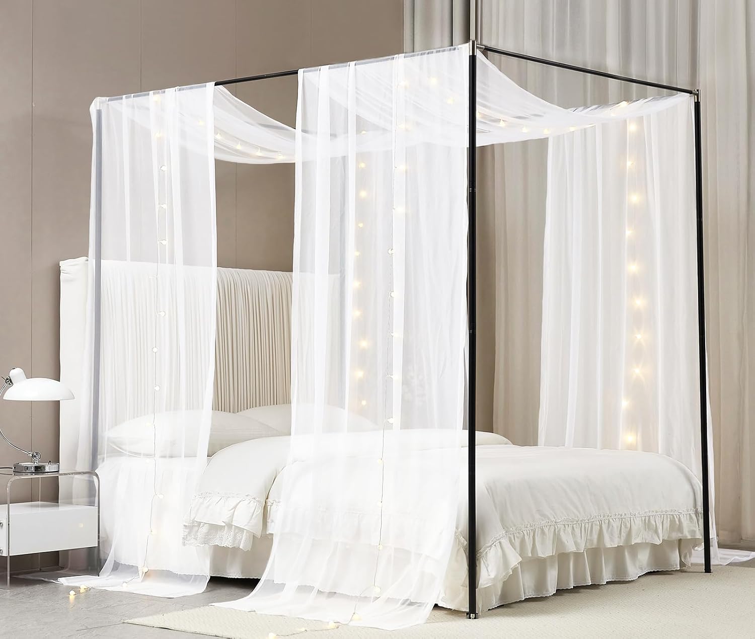 Akiky Cortinas de cama con toldo de princesa ligera para marco de cama matrimonialqueen, marco de madera, cortina transparente de 2 paneles