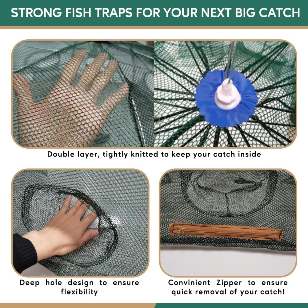 Trampa de cebo de pesca plegable de doble capa, jaula de inmersión portátil de red fundida con varilla extensora para peces pececillos cangrejos