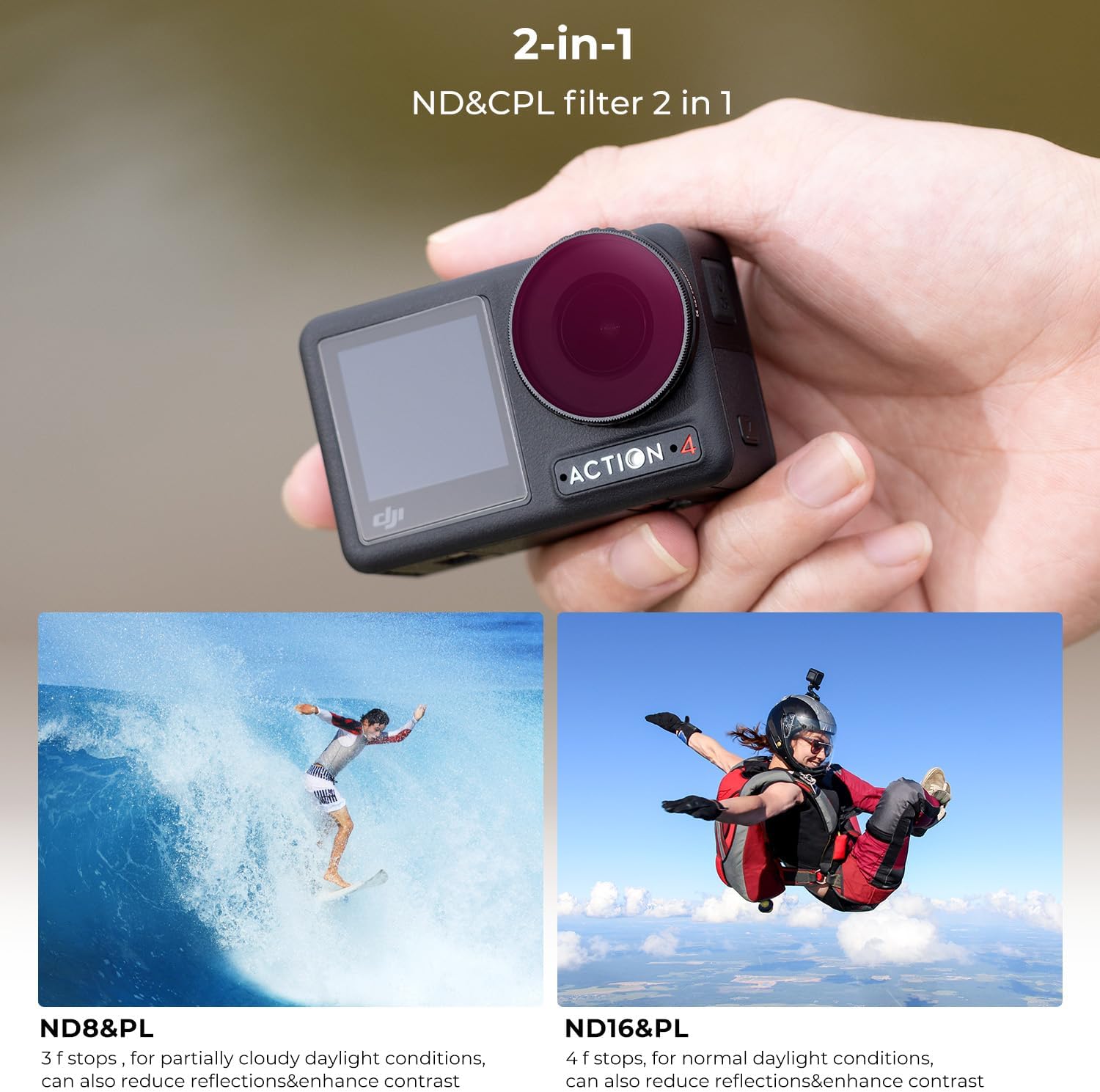 K&F Concept Paquete de 4 filtros NDPL compatibles con DJI Osmo Action 4, ND8PL ND16PL ND32PL ND64PL Filtros multifunción polarizadores de densidad