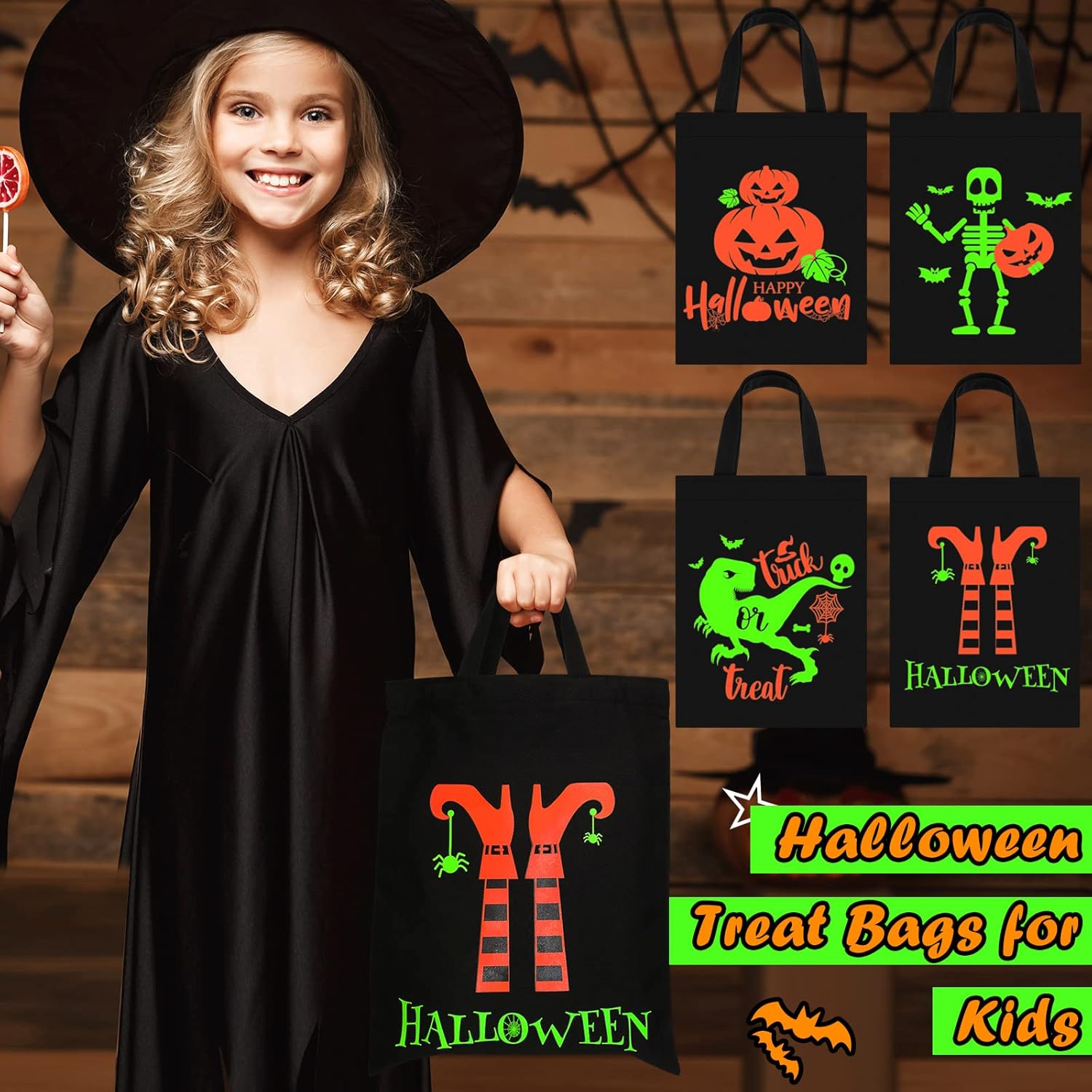 Chunful 4 bolsas de Halloween para dulce o truco, bolsas luminosas de lona para dulces de Halloween, grandes que brillan en la oscuridad, para