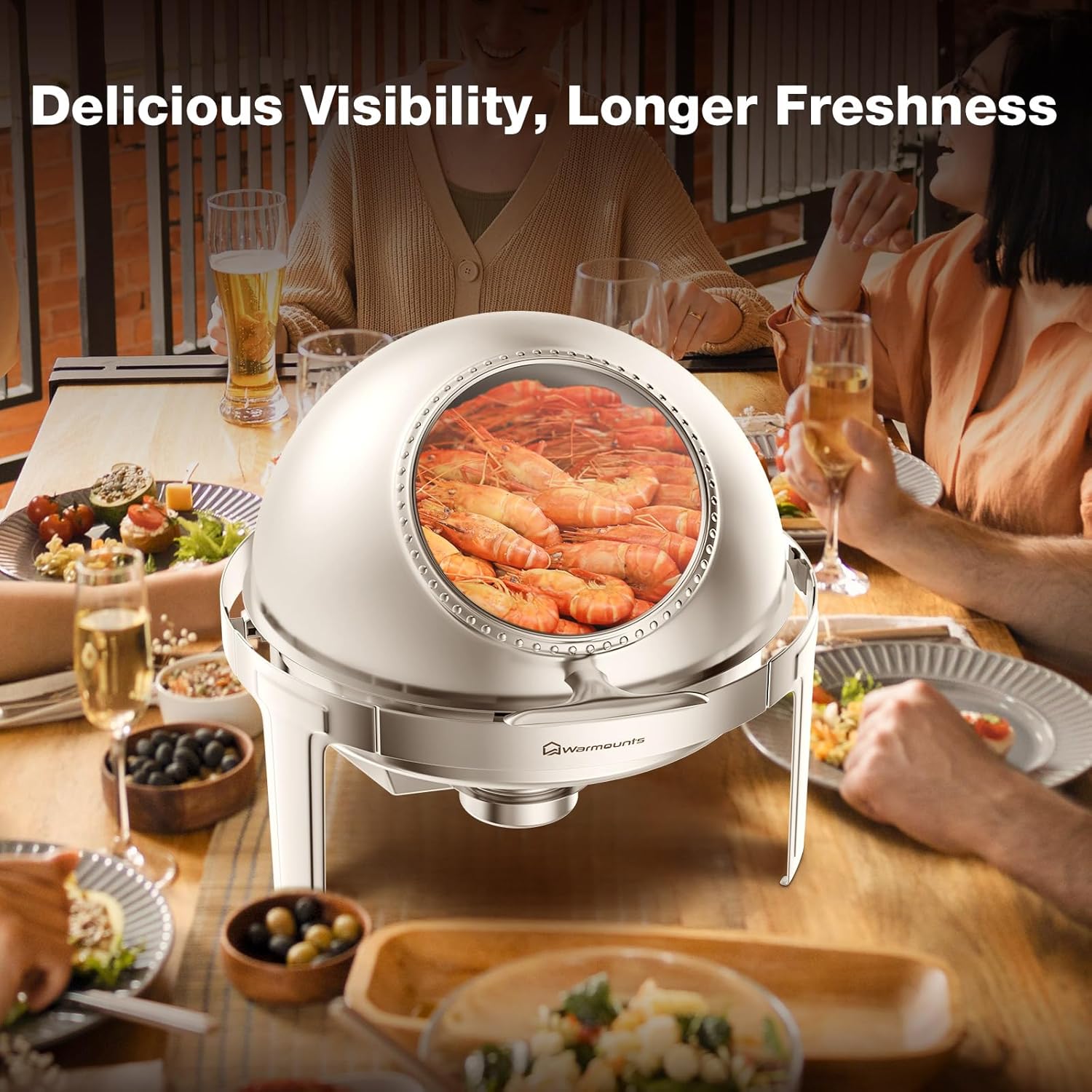 Juego de bufé de 6 cuartos de galón, platos redondos para bufé con tapa visible, utensilios de servir, chafers de acero inoxidable para catering