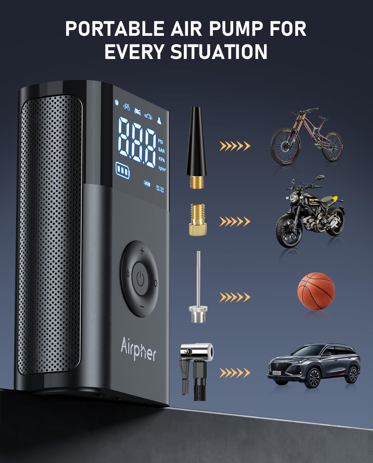 Inflador de neumáticos, compresor de aire portátil, bomba de inflado Airpher para neumáticos de automóvil con medidor digital de presión de