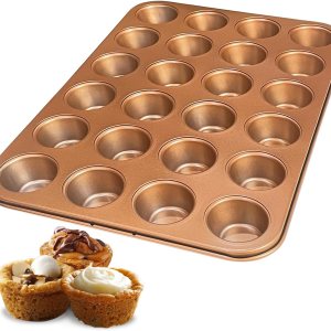 RavisingRidge Molde para magdalenas antiadherente para hornear, mini molde profesional ultrathick para 24 tazas, bandeja de lata dorada para RavisingRidge Molde para magdalenas antiadherente para hornear, mini molde profesional ultrathick para 24 tazas, bandeja de lata dorada para
