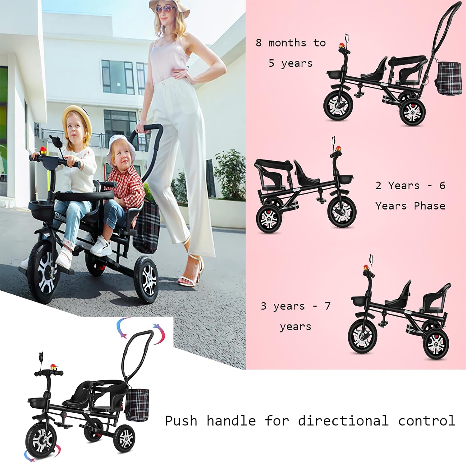 ButxeT Triciclo para niños, 3 en 1, triciclo para niños, con mango de empuje extraíble, con cesta de almacenamiento, arnés de seguridad, regalo de