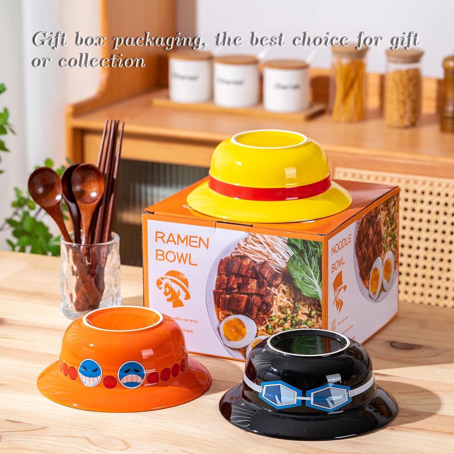 Cuenco de ramen con sombrero de paja (cuenco de cerámica + cuchara de madera + palillos) para los fanáticos del anime