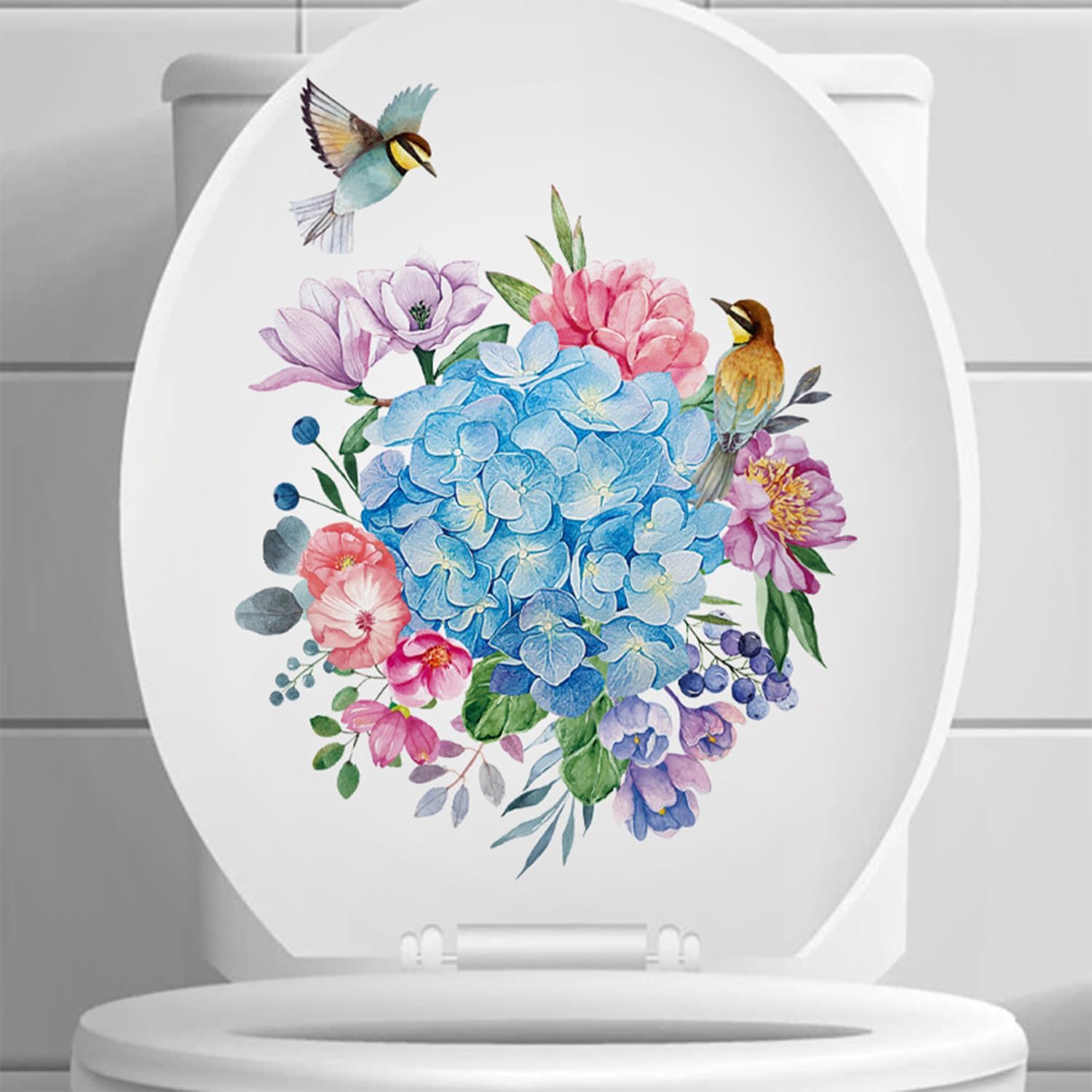 WBQMUNY 5 hojas de calcomanías de pared para asiento de inodoro de baño, diseño floral autoadhesivo, para tapa de inodoro, ramo de acuarela