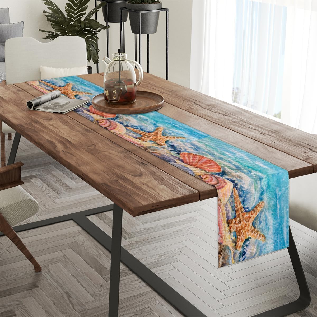 Table Runner Watercolor Shell Starfish, Rustic Linen Table Cloth for Farmhouse Kitchen, Dinner, Events, Party, Holiday Table Decor 13 x 36 Inches