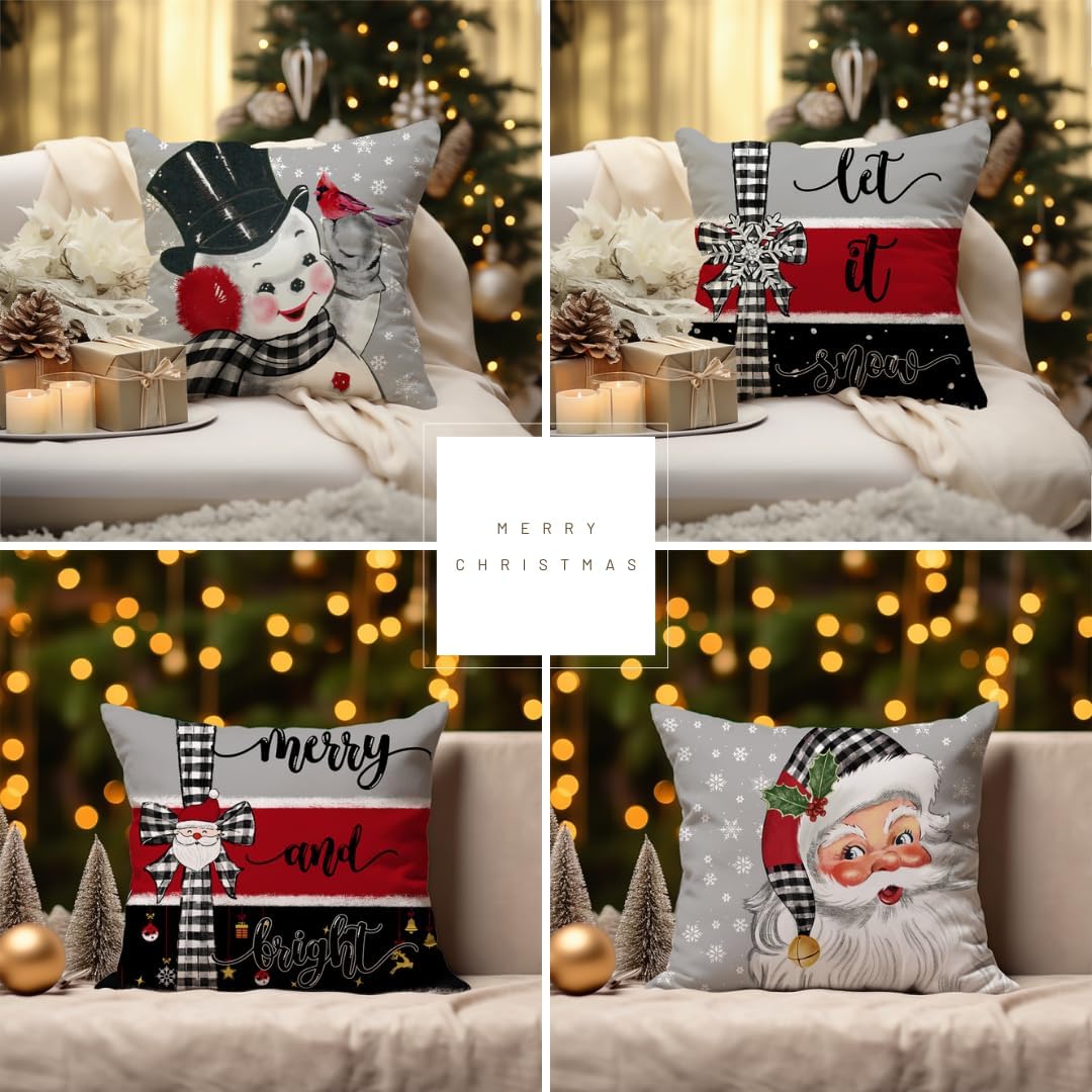 Juego de 4 fundas de almohada navideñas de búfalo de 20 x 20 pulgadas, diseño de muñeco de nieve de Papá Noel, copos de nieve, decoraciones