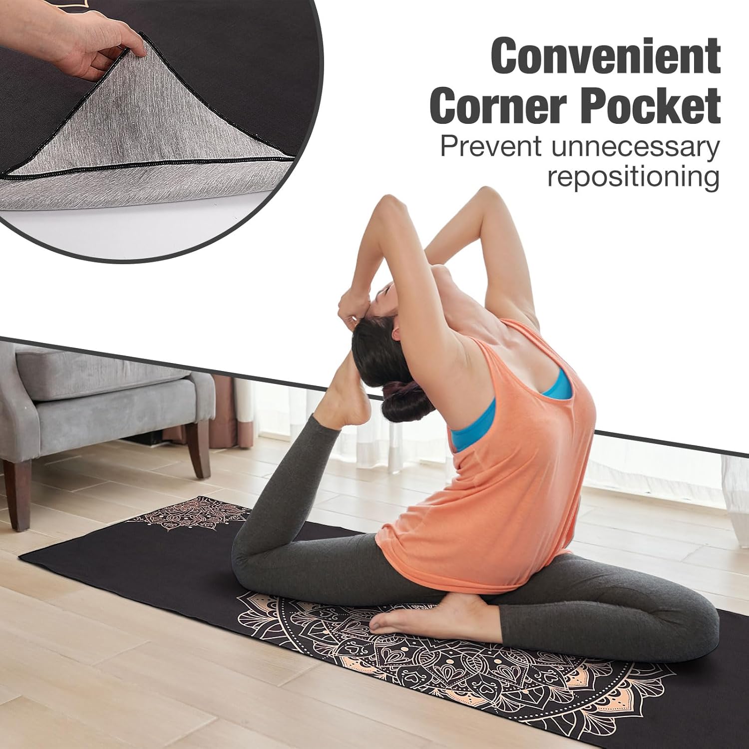 MoKo Toalla de yoga, esterilla de yoga antideslizante, manta de yoga, patrón de impresión de secado rápido con bolsillo de esquina para bikram,