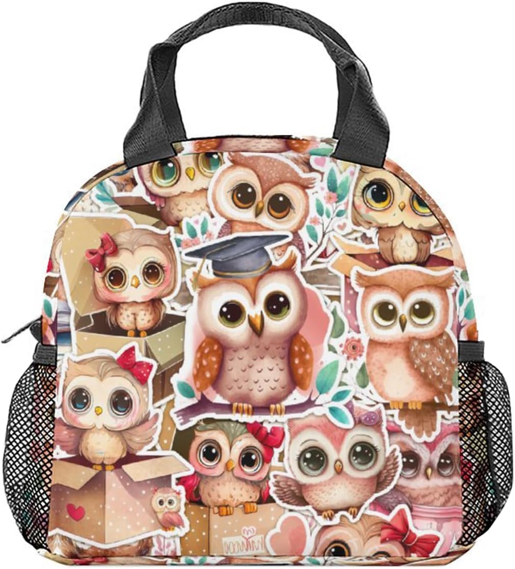 Lonchera con diseño de búho para niñas y niños, reutilizable, aislada, con correa para el hombro, lonchera pequeña, rosa, bonita, ideal para la