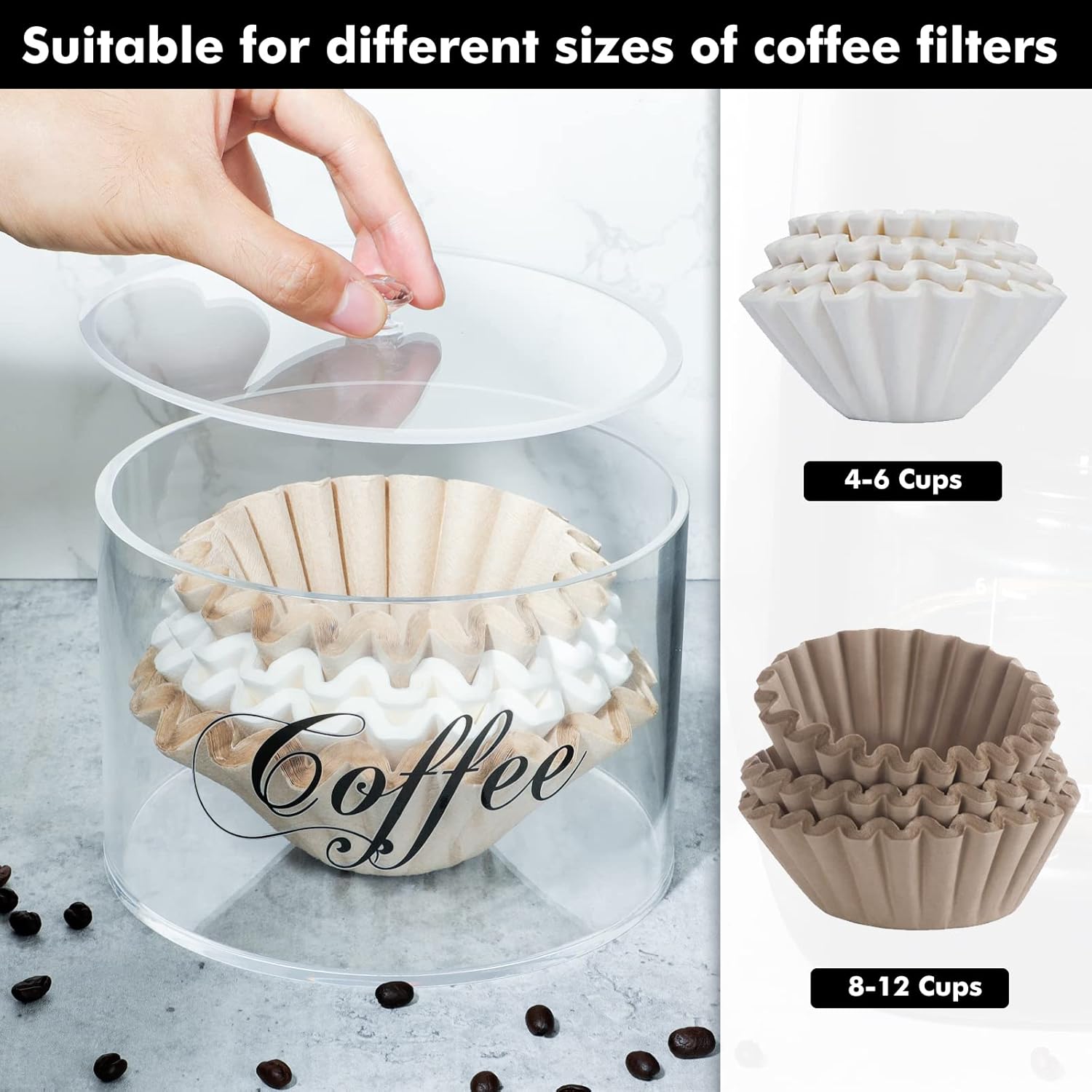 Soporte de filtro de café acrílico, contenedor de almacenamiento de filtro de café transparente con tapa, dispensador de filtro de café de cesta