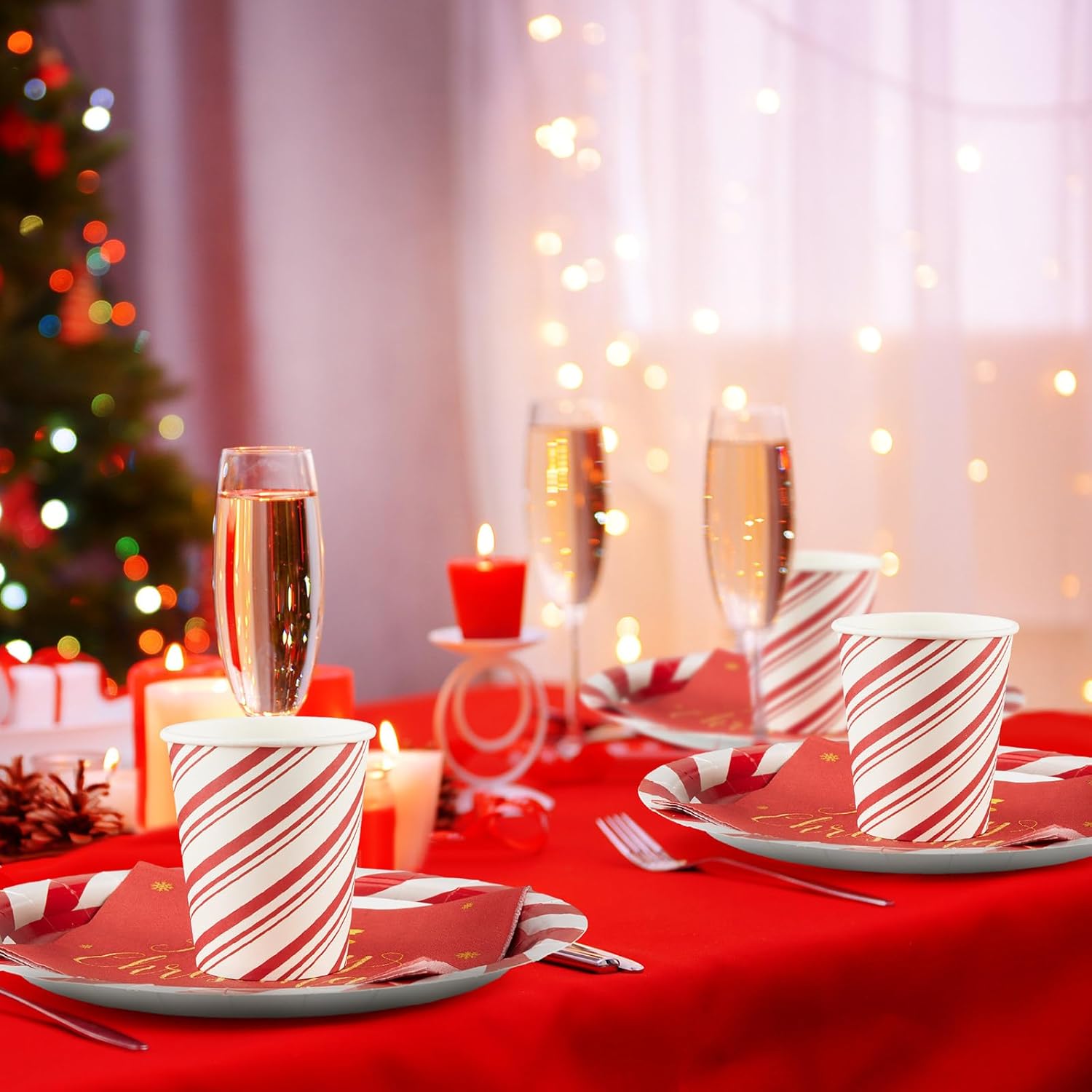 Juego de vajilla de 200 piezas para fiesta de Navidad, bastón de caramelo, a rayas, para 50 platos de papel desechables de 9 pulgadas, taza de 9