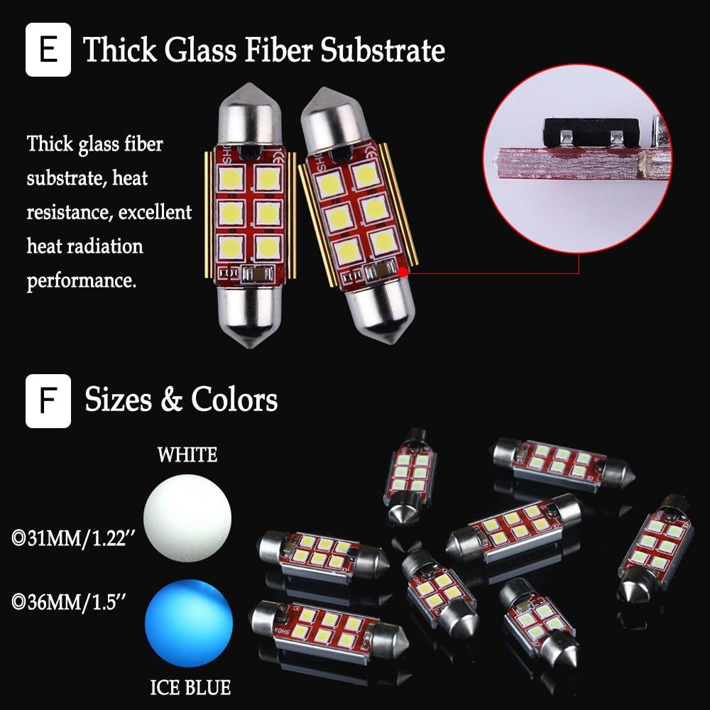 1797 Bombilla LED de 1.417 in C5W 6411 6418 DE3425, luz de cúpula azul hielo 8000K 3030 SMD para coches, mapa, matrícula, cajuela, luces interiores,
