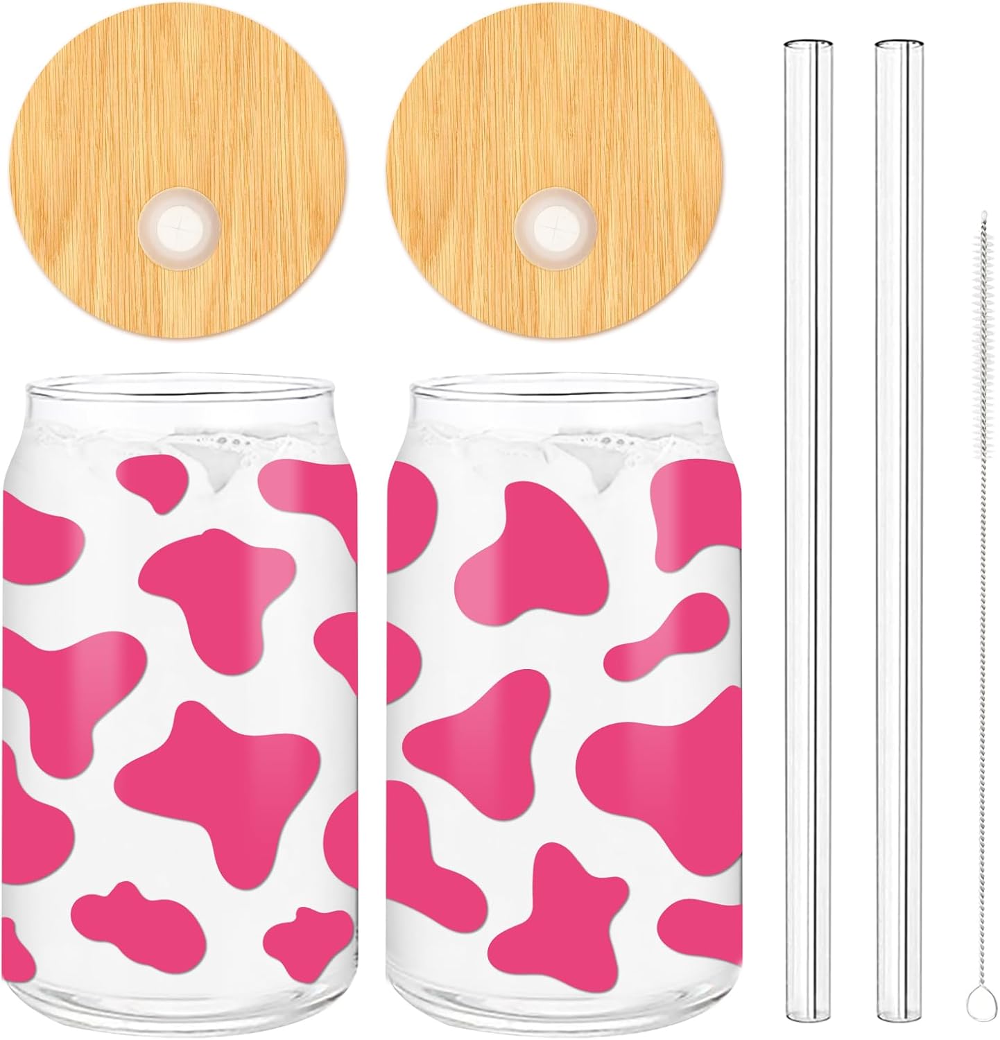 Whaline Paquete de 2 vasos de bebida de vaca de 16 onzas con estampado de vaca roja rosa, taza de café helado con tapas de bambú, popote de vidrio
