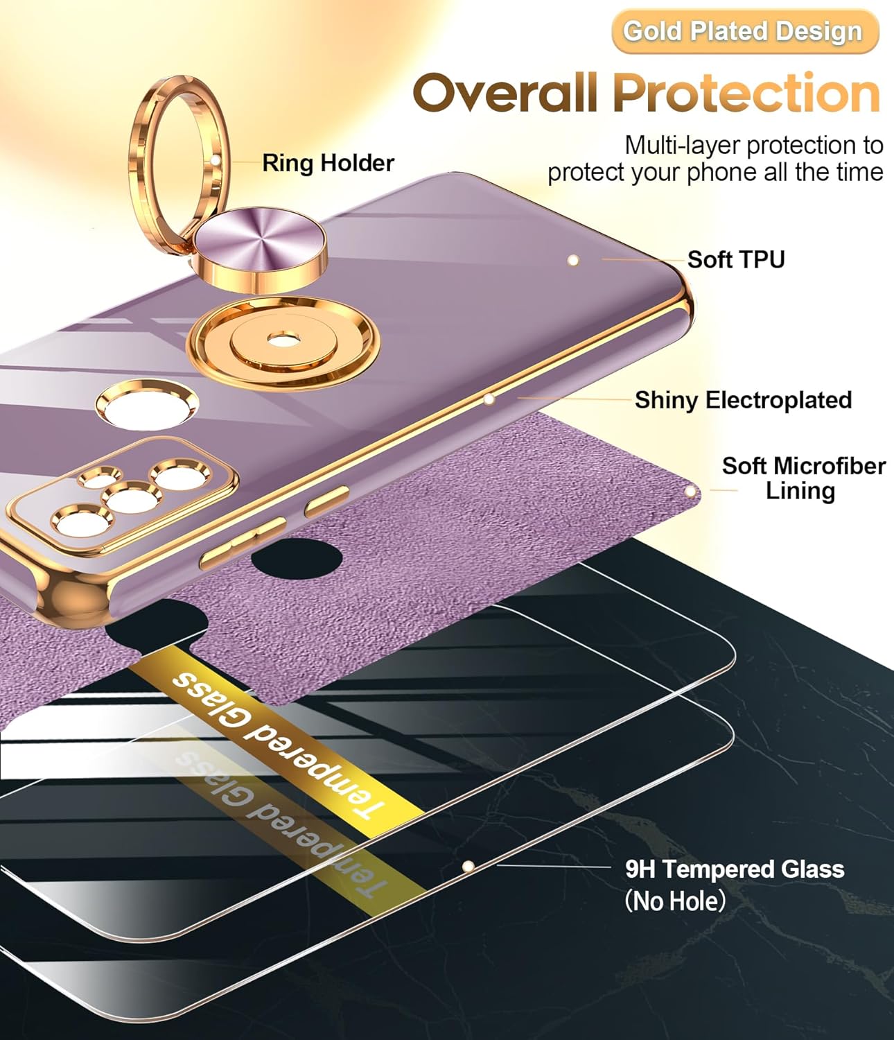LeYi Funda para teléfono Moto G Play 2023 con protector de pantalla de vidrio templado (paquete de 2) Soporte de anillo giratorio de 360, soporte