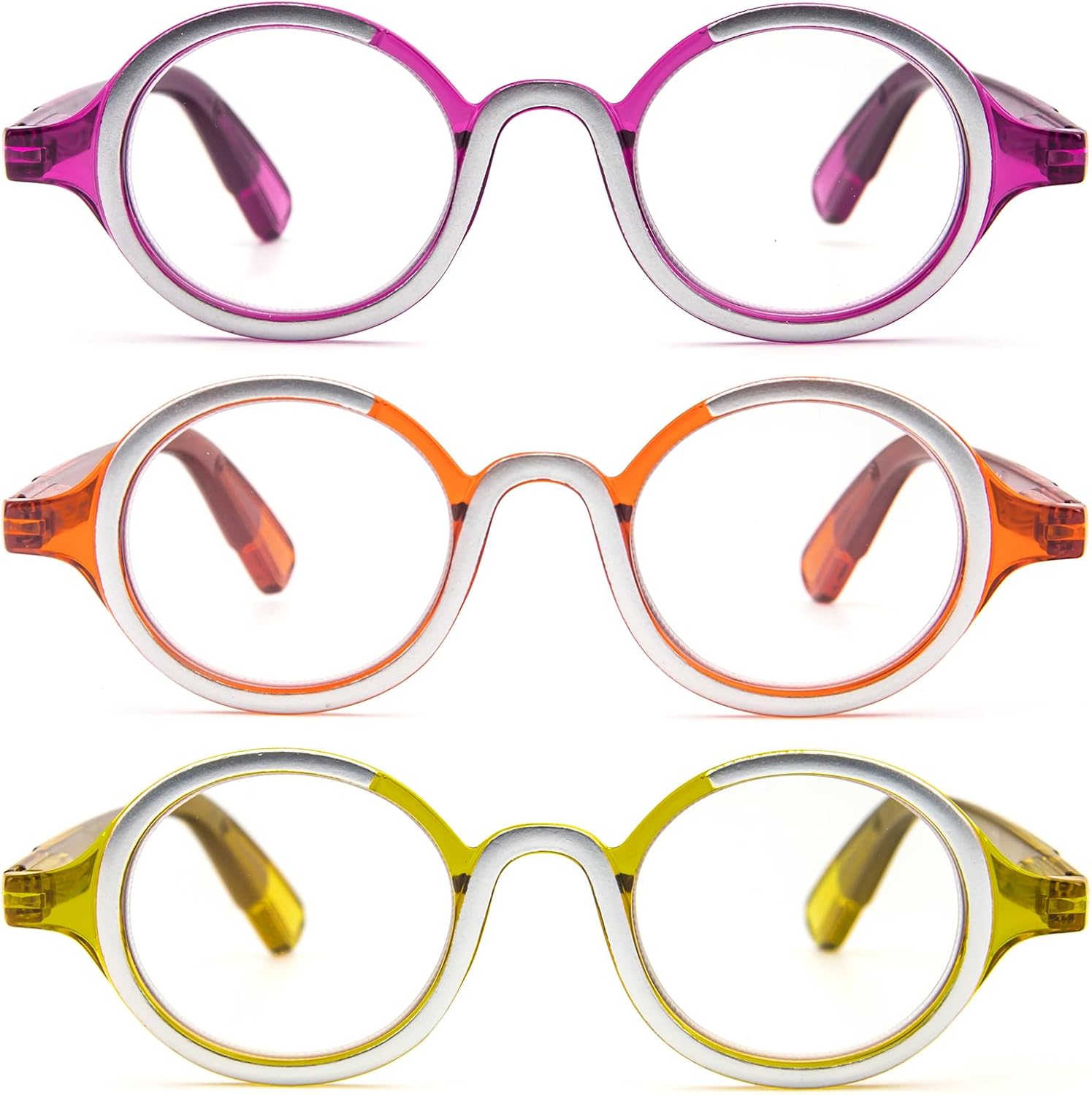 KoKoBin Paquete de 3 lentes de lectura redondos pequeños, cómodos lectores, marco elegante de colores para mujeres y hombres