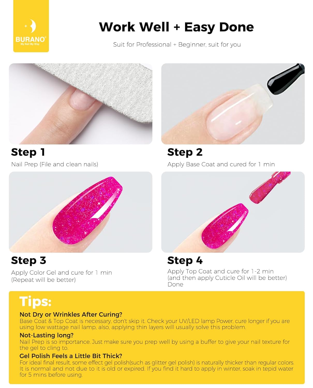 BURANO Esmalte de uñas de gel con purpurina, secado UV LED, efecto holográfico, gel brillante sin astillas, rosa intenso (LP14)