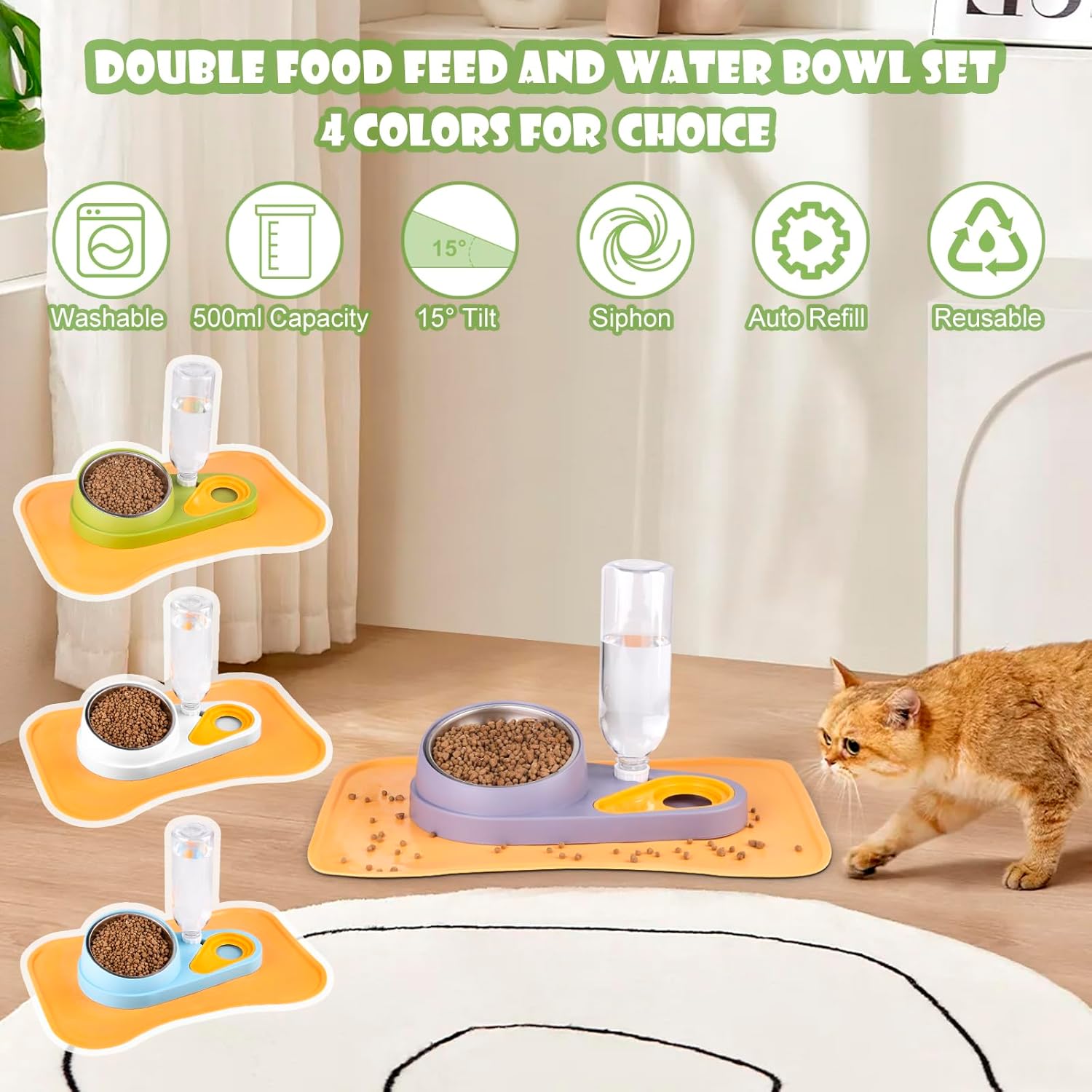 Juego de alimentador de alimentos y dispensador de agua para mascotas, cuencos elevados 2 en 1 con tapete impermeable para alimentación, dispensador