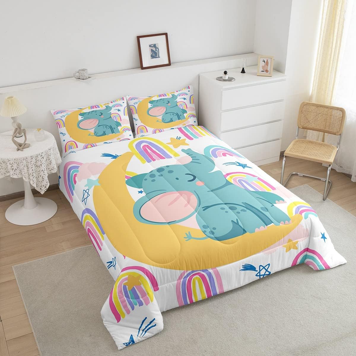 Feelyou Juego de edredón con diseño de arco iris, juego de ropa de cama con estampado de elefante, lindo juego de edredón acolchado de animales para