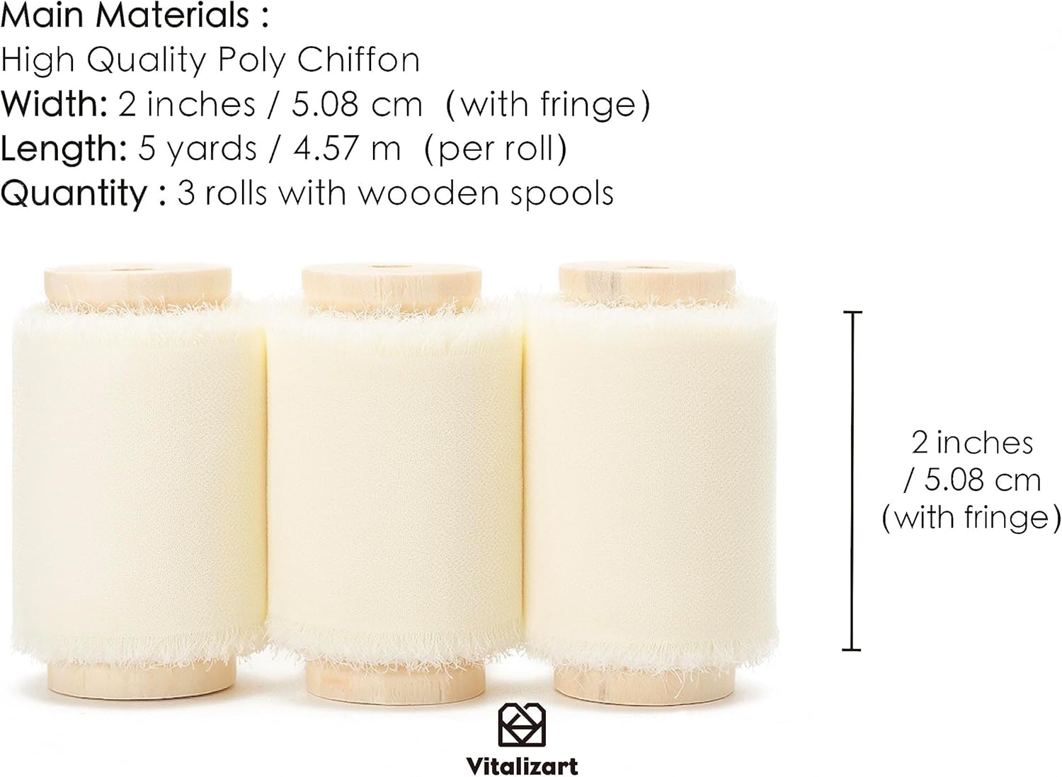 Vitalizart Cinta de gasa blanca crema de 2 pulgadas x 15 yardas, con bordes deshilachados hechos a mano, para invitaciones de boda, ramos de