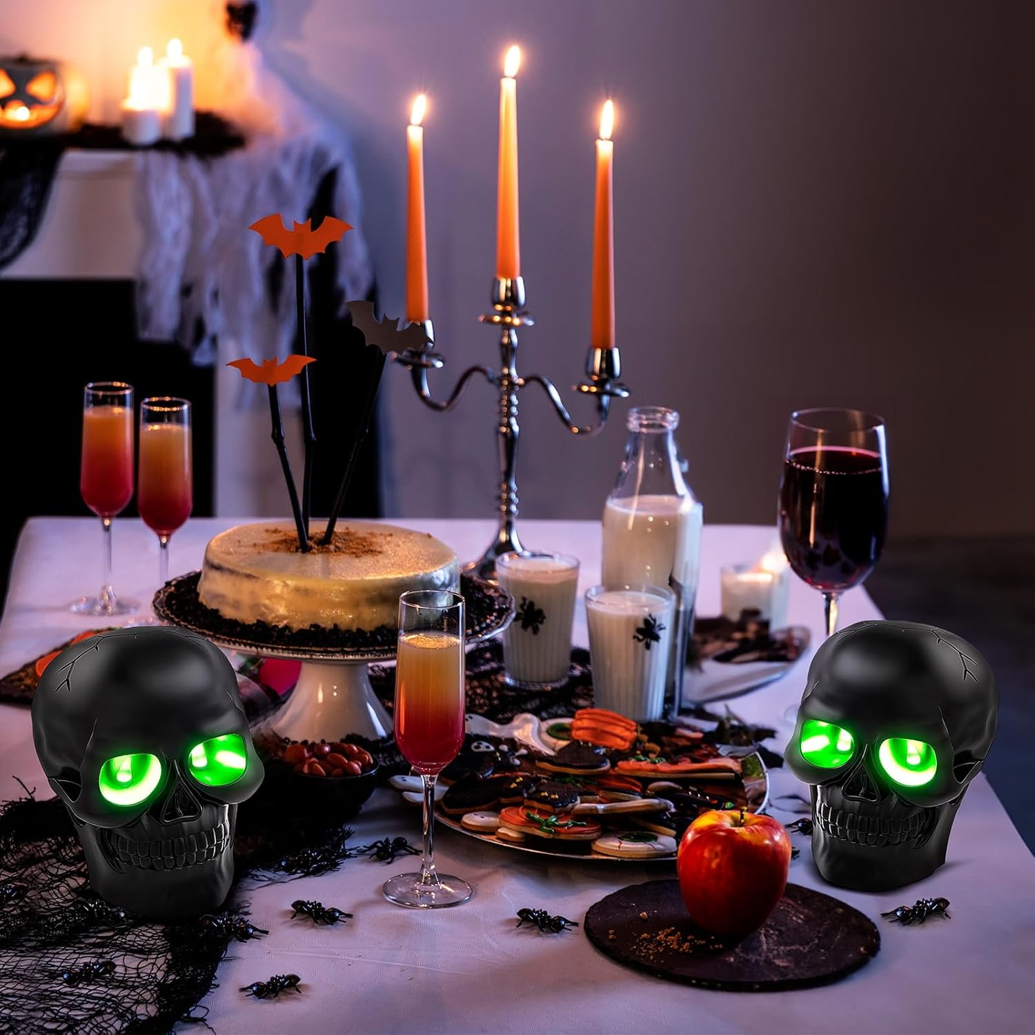 Patiphan Vela sin llama de calavera de Halloween con ojos iluminados y temporizador, estatua de vela de esqueleto de cera aterradora, funciona con