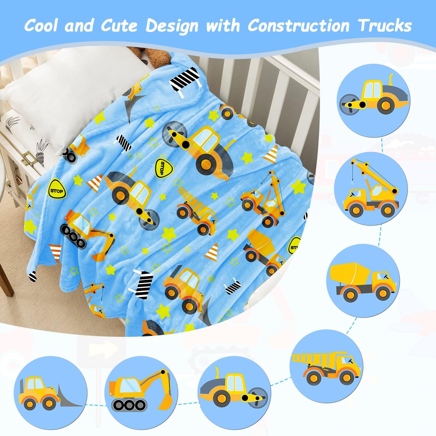Manta de construcción para niños, manta de forro polar para niños y niñas, bonito diseño de autos, camiones, manta para niños, manta suave y