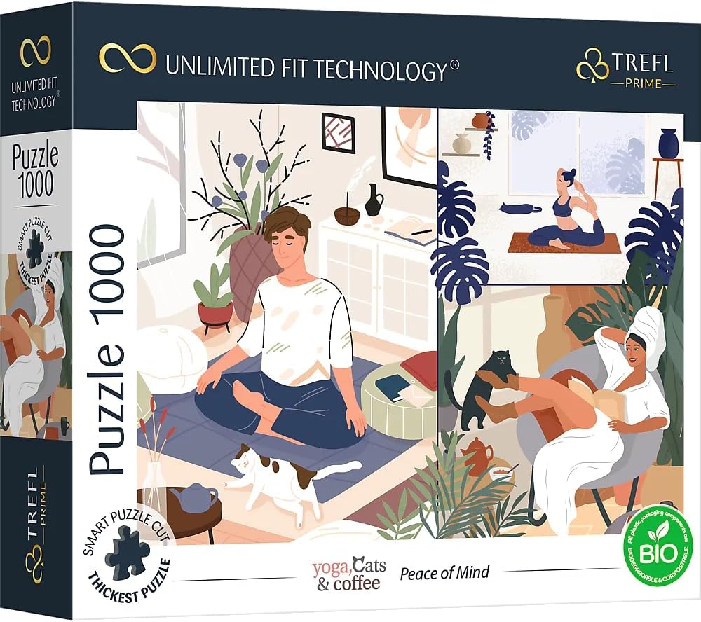 Trefl Rompecabezas de 1000 piezas Prime – Yoga, gatos y café tranquilidad