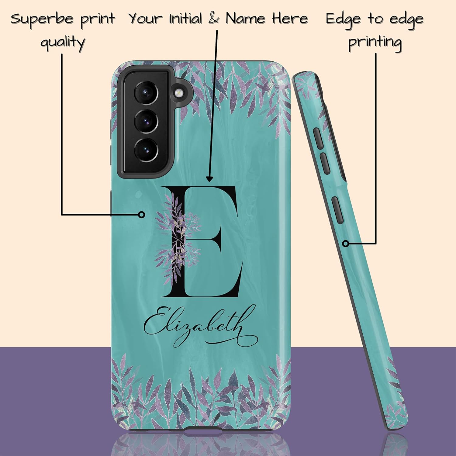 Funda con inicial de monograma verde azulado, diseño floral con nombre, diseñada para Samsung Galaxy S24 Plus, S23 Ultra, S22, S21, S20, S10, S10e,