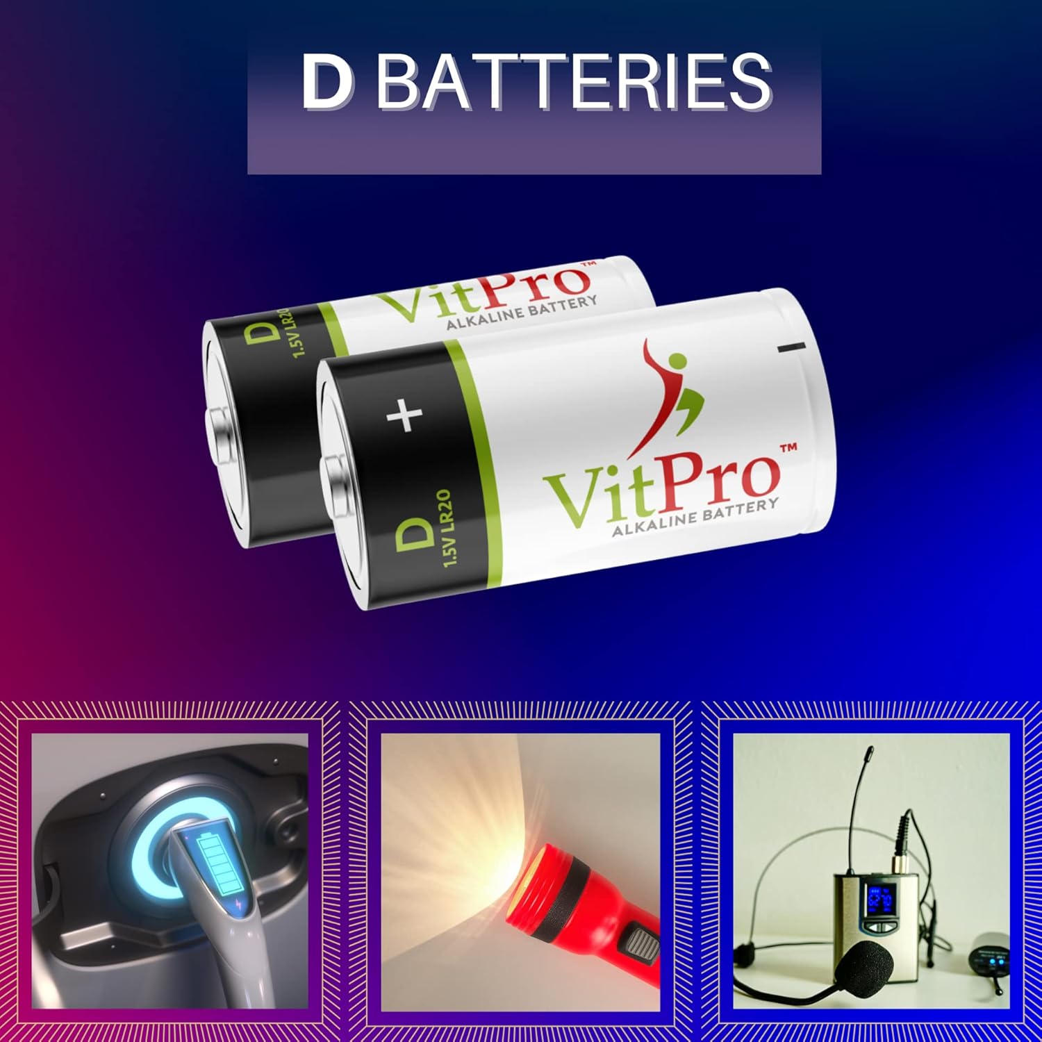 VitPro Baterías D  Paquete de 4  Baterías alcalinas multiusos  5 años de vida útil  Fácil de abrir  Baterías premium (paquete de 4)