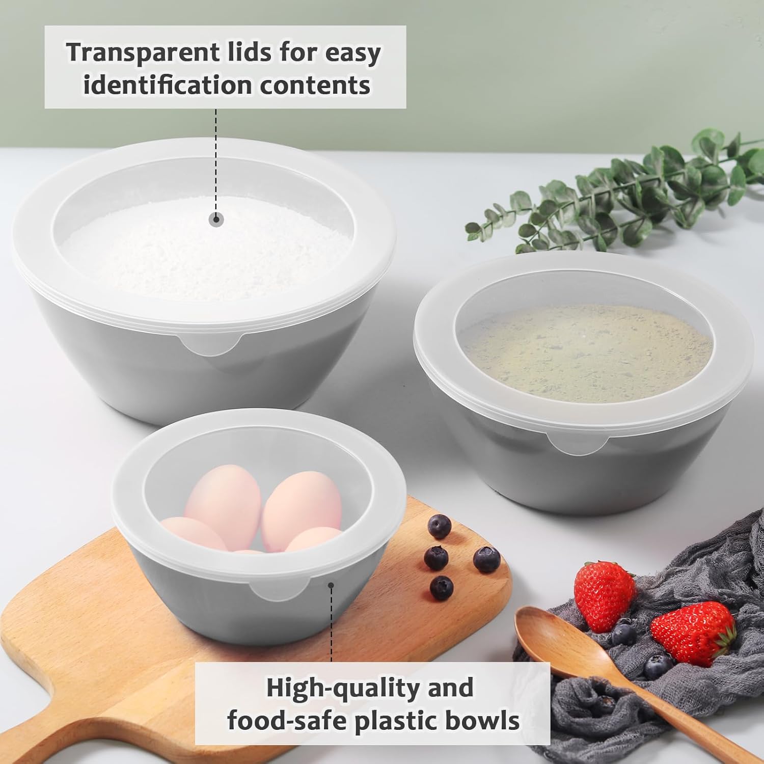 Wehome Tazones para mezclar con tapas, cuencos de plástico para preparar la cocina, servir y almacenar, juego de 3 tazones y 3 tapas, sin BPA y con