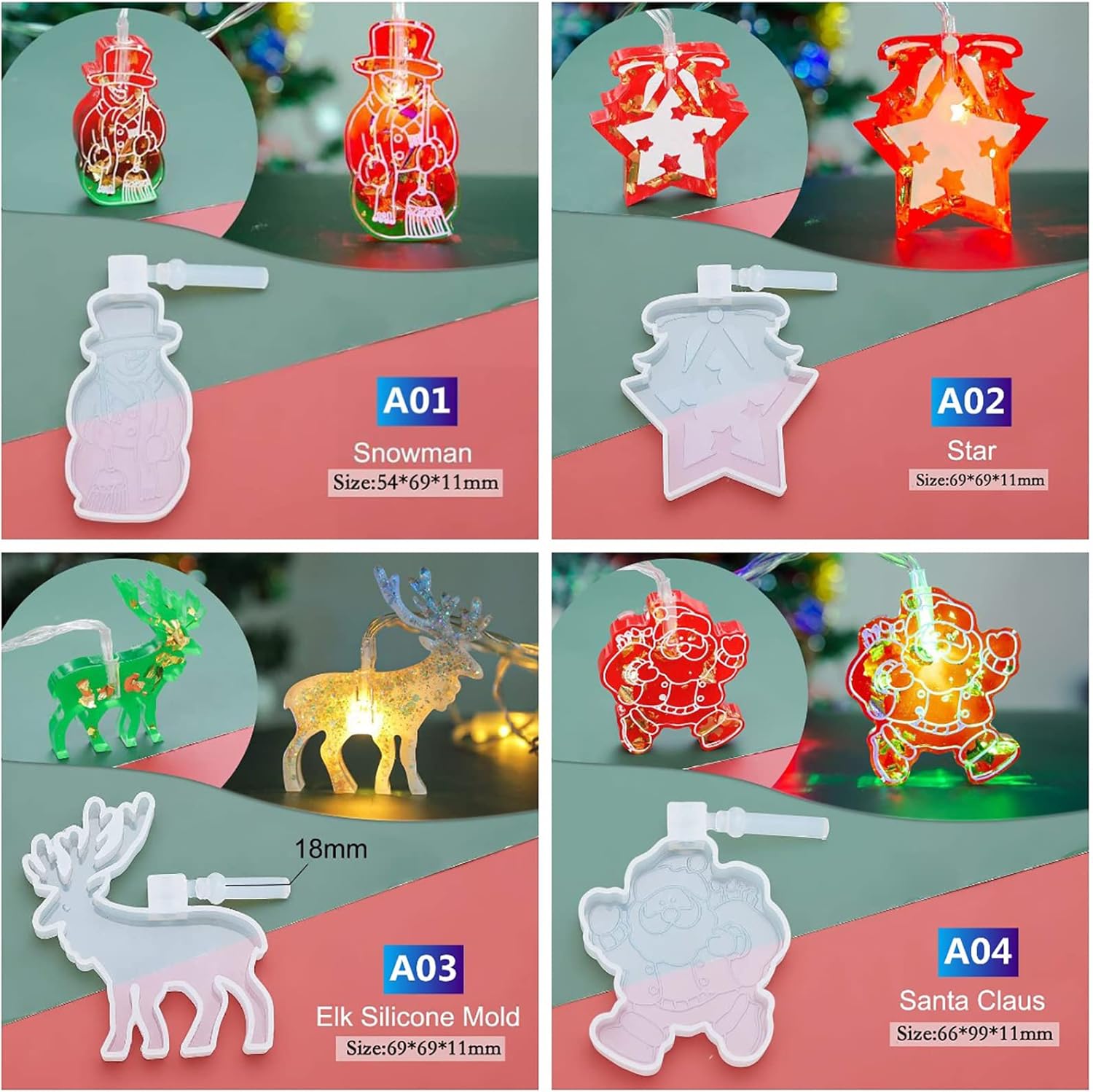 Moldes de resina de Navidad, moldes de silicona para adornos de Navidad, moldes de Navidad epoxi para fundición de resina con 2 luces de hadas para