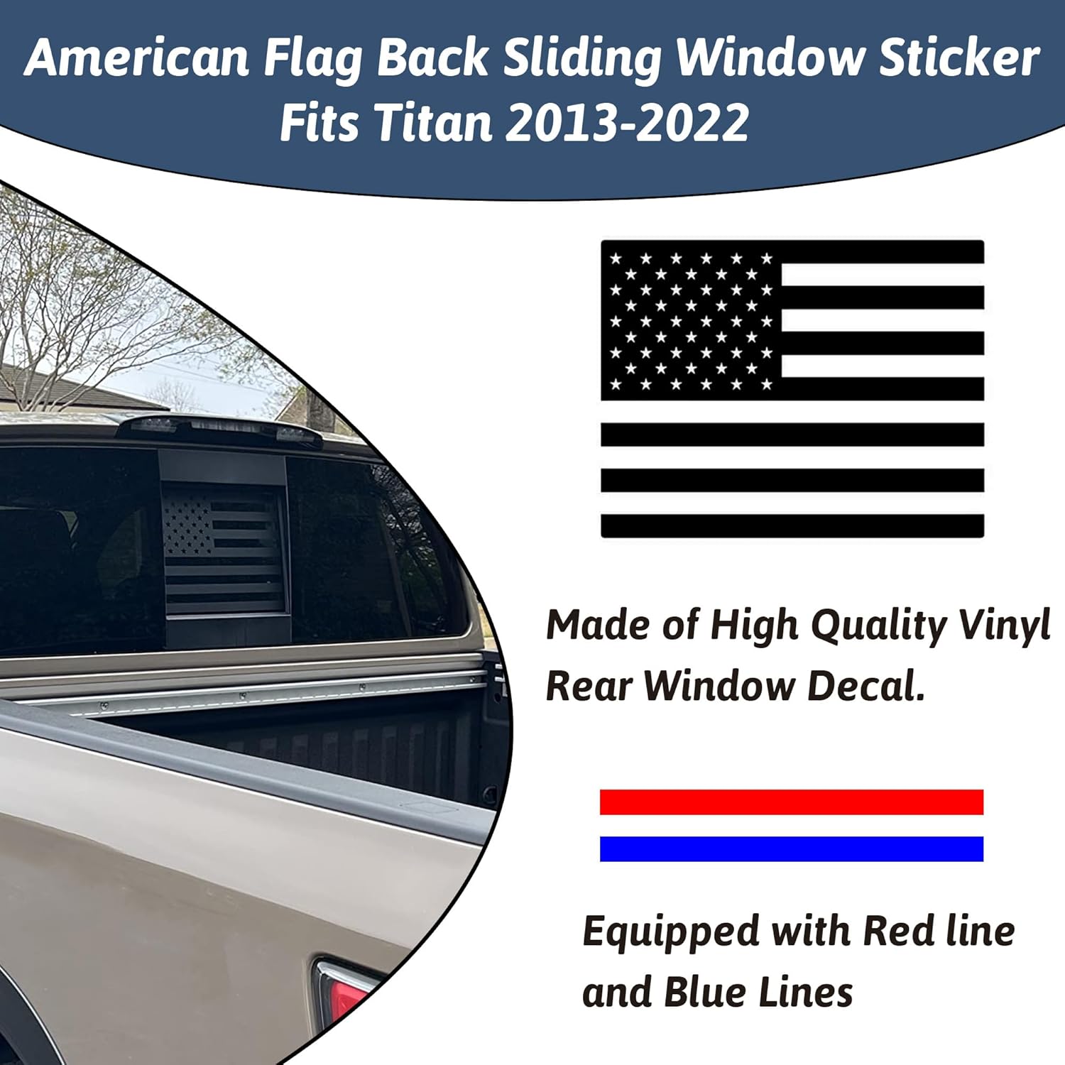 Calcomanía de vinilo para ventana trasera trasera central compatible con Nissan Titan 2013-2022 con la bandera estadounidense negra mate (equipada