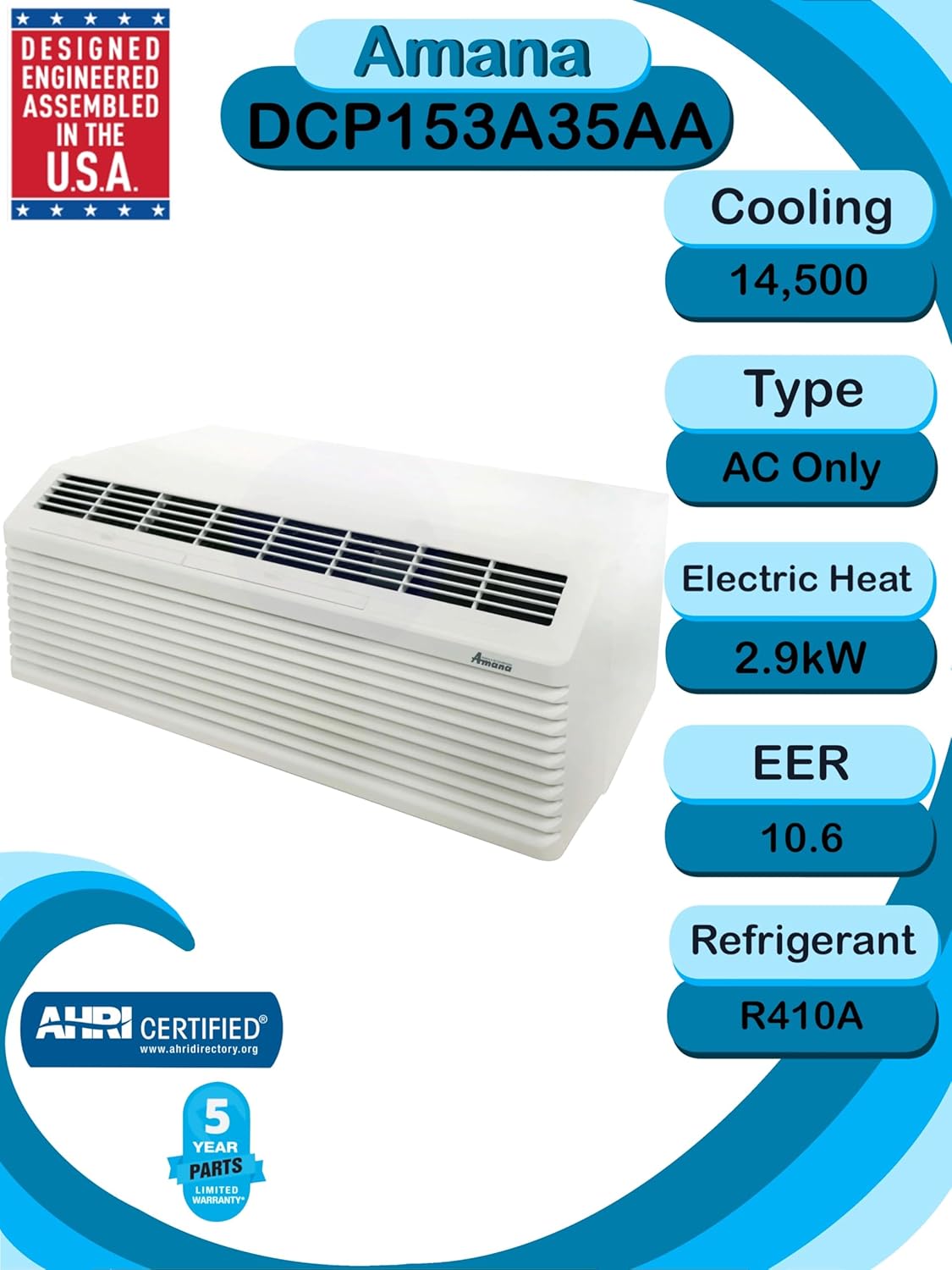 Amana Distinctions 14,700 BTU, 10.6 EER, aire acondicionado terminal empaquetado (PTAC) con kit de calor de 3,5 kW DCP153A35AA – Sustituye a