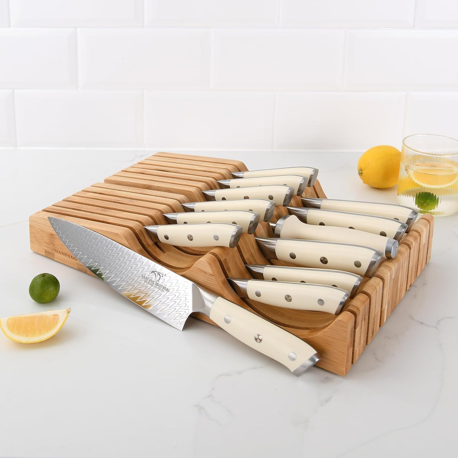 NANFANG BROTHERS Damascus – Juego de cuchillos de cocina de 14 piezas, mango ergonómico ABS para VG10 acero profesional cuchillos de chef con bloque