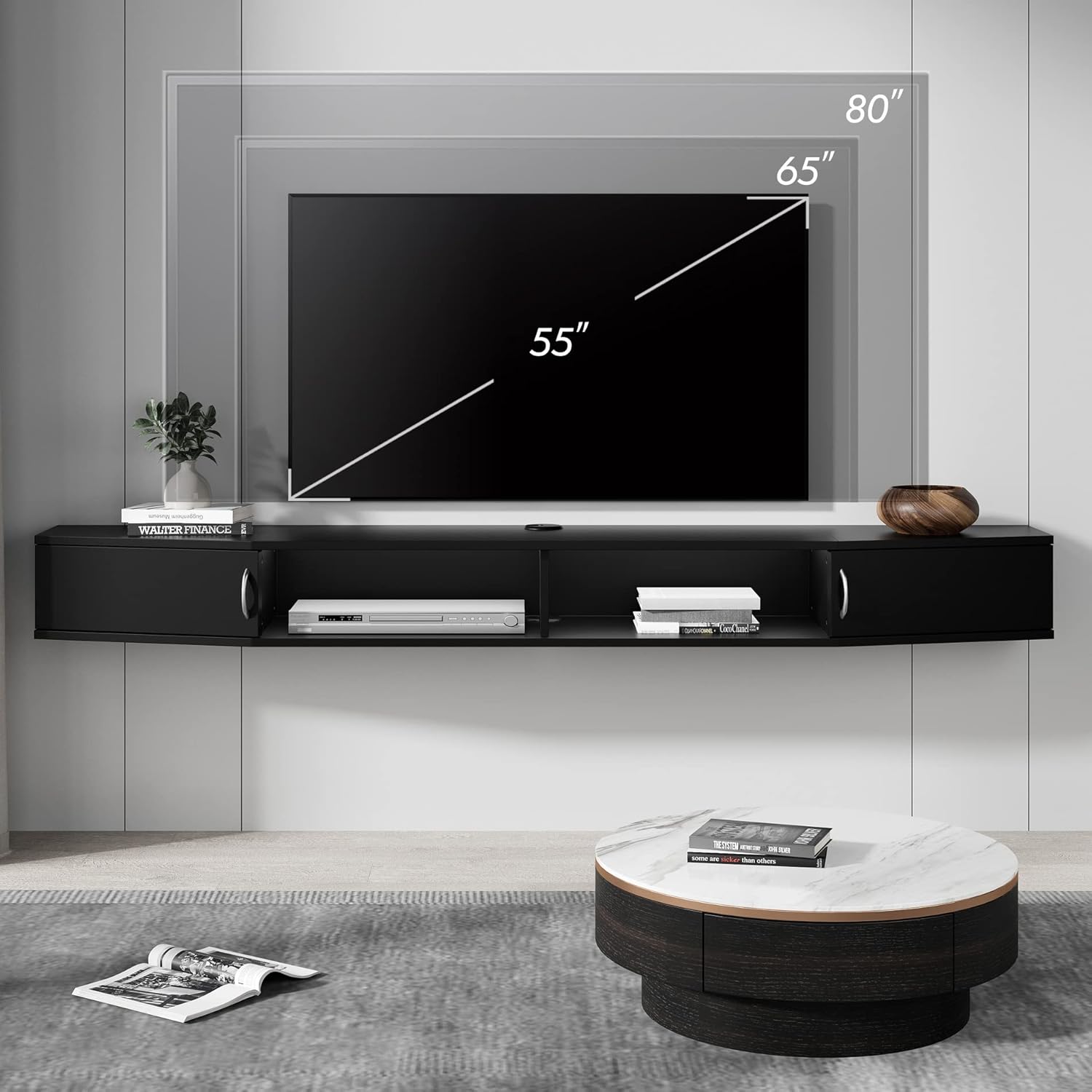 WAMPAT Soporte de TV flotante con estación de carga, estante de TV montado en la pared con luces azules, consola multimedia de madera, centro de