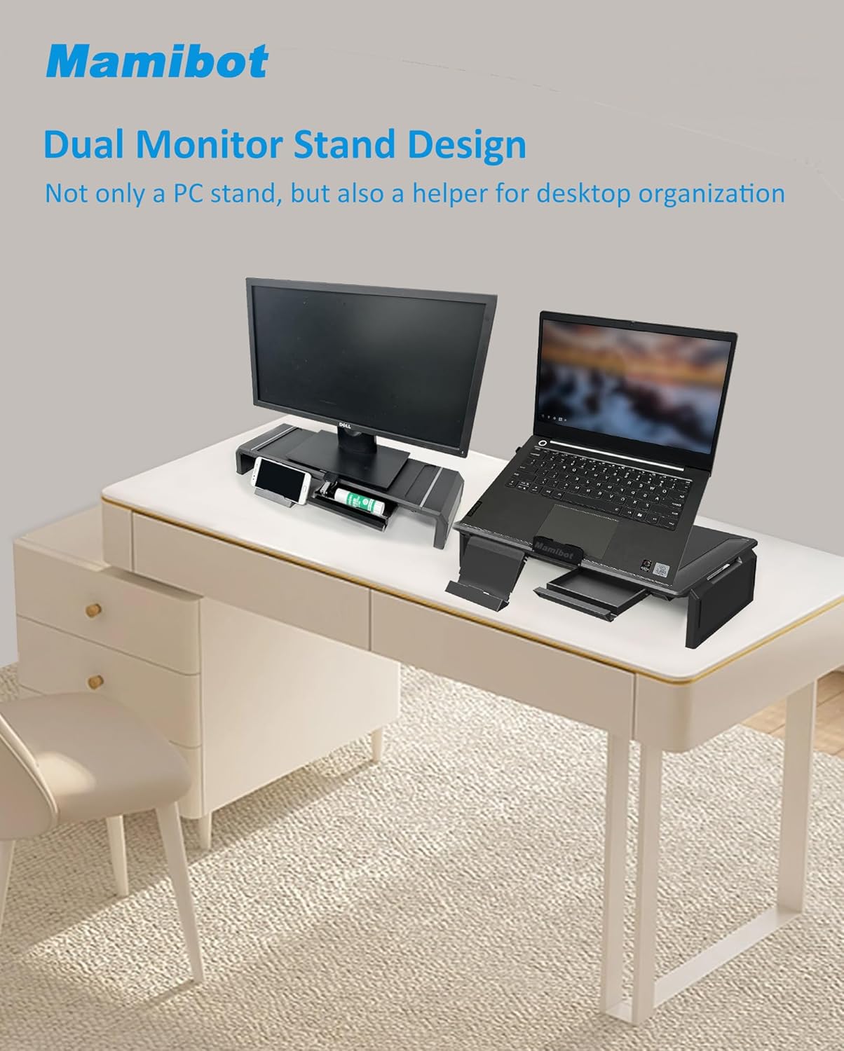 Mamibot Paquete de 2 soportes elevadores para computadora, soporte para laptop con cajón de almacenamiento, desmontable y apilable 2 en 1, soporte