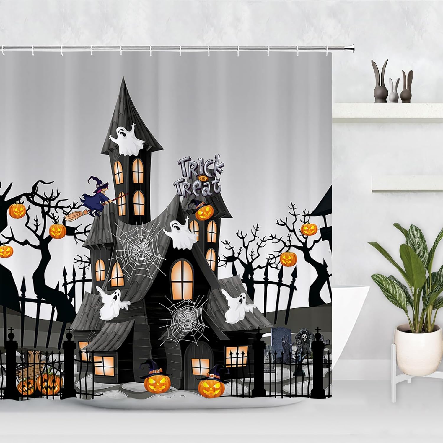 ARESD Cortina de ducha de Halloween para baño, cortina de baño de tela de araña, tela de poliéster, impermeable, decoración de Halloween, con 12