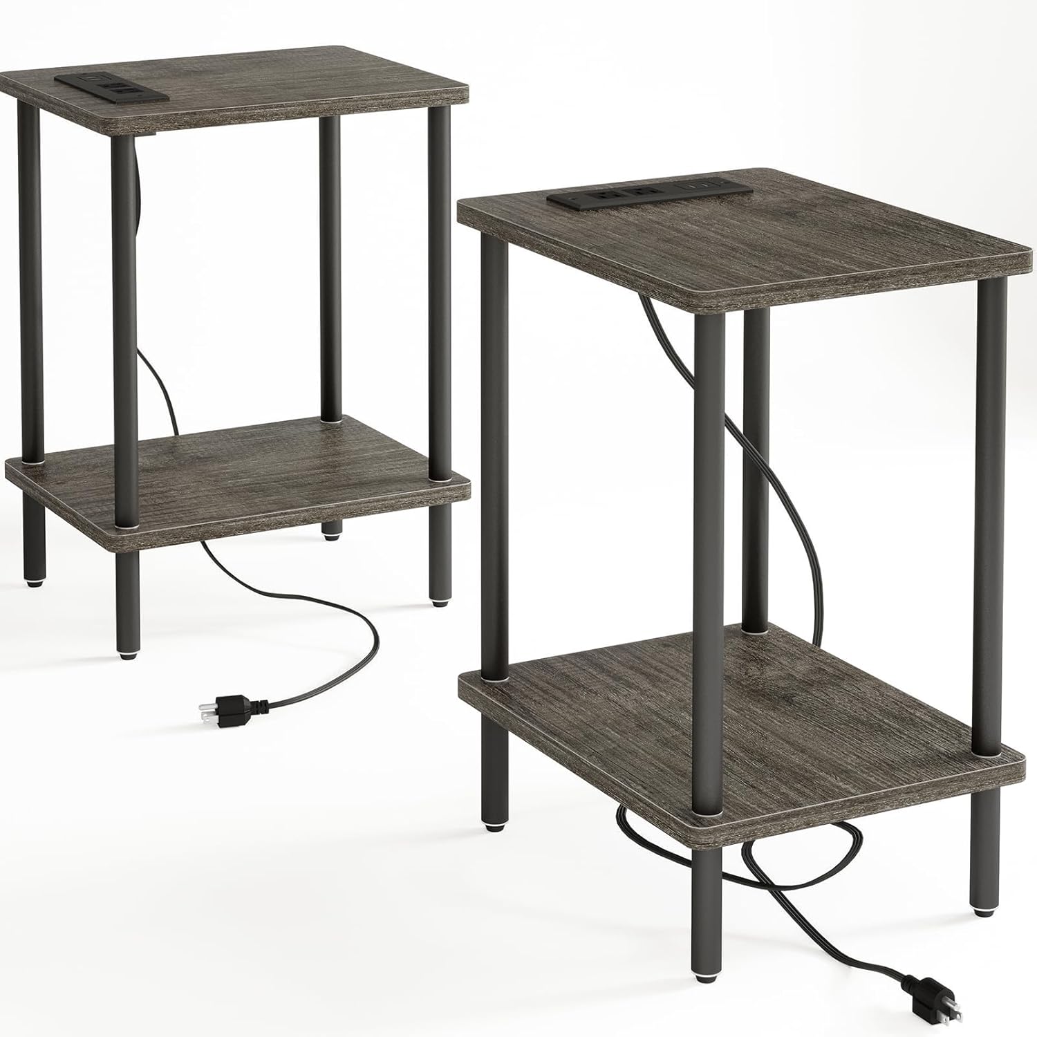 Fixwal Mesita de noche de 2 niveles con estación de carga, juego de 2, mesa auxiliar con puertos USB y tomas de corriente, mesa auxiliar para sala