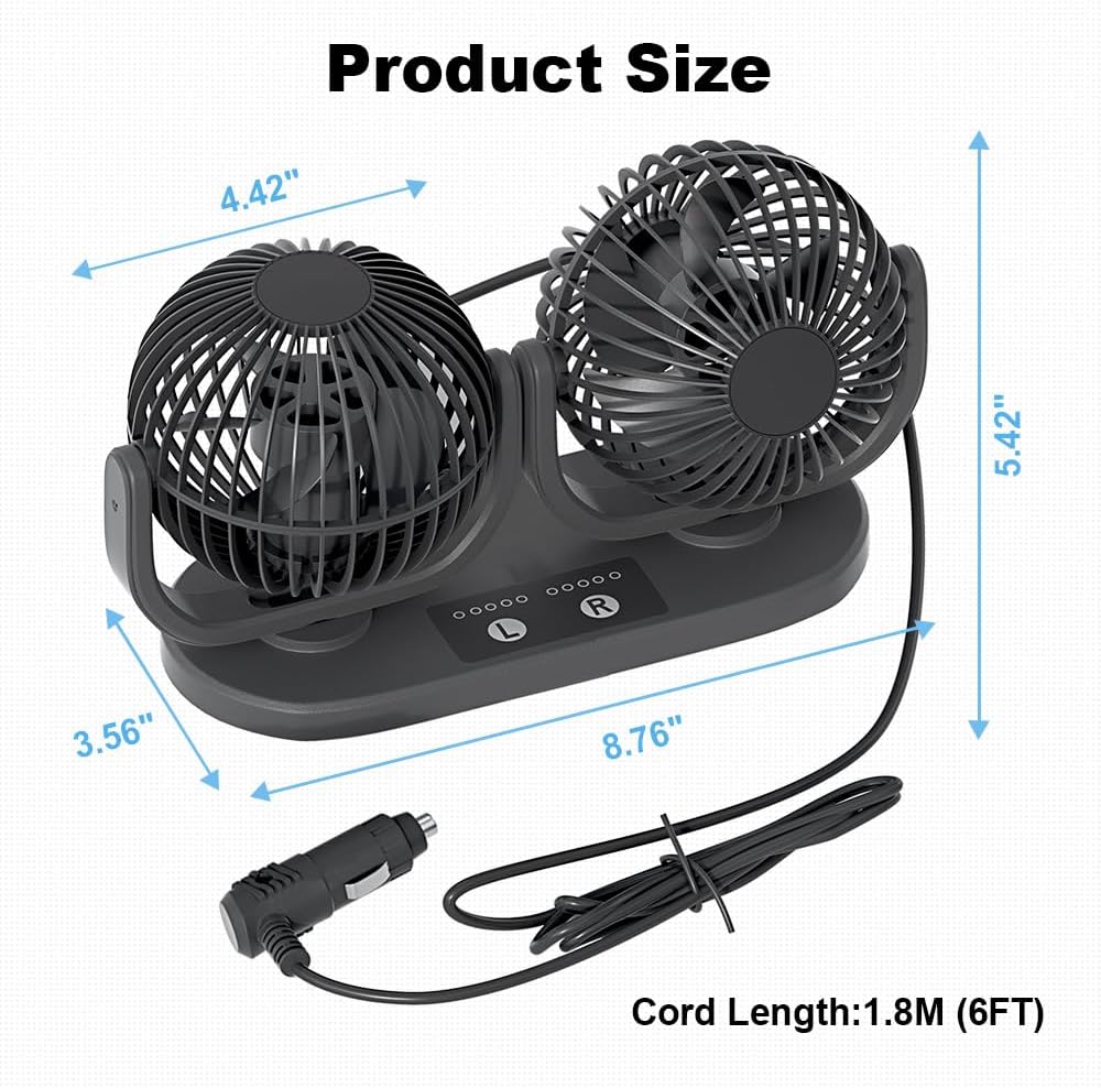 Ventilador de encendedor de cigarrillos de panel de instrumentos de 12 V CC, ventilador de circulación de aire de doble cabezal de bajo ruido,
