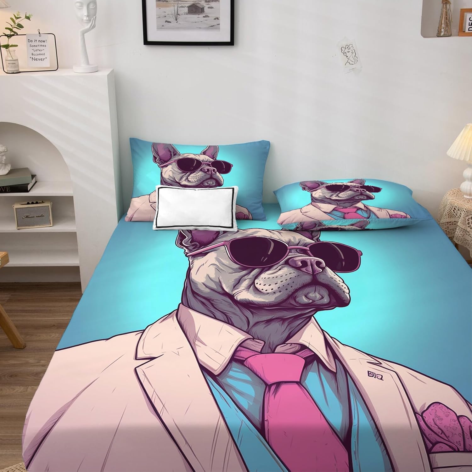 Bulldog Sábanas tamaño California King, divertidas sábanas para perro, sábanas y fundas de almohada estampadas de 4 piezas, sábana bajera ajustable