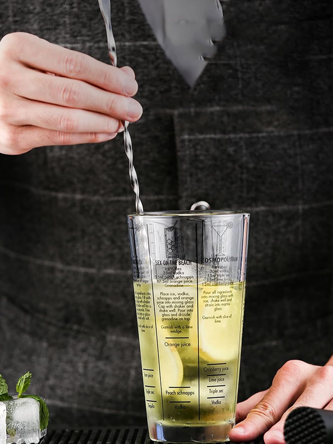Juego de 4 cocteleras de 14 onzas, coctelera de vidrio Martini de 14 onzas, con doble jigger de medición (1 oz y 2 oz), mezclador de cóctel y