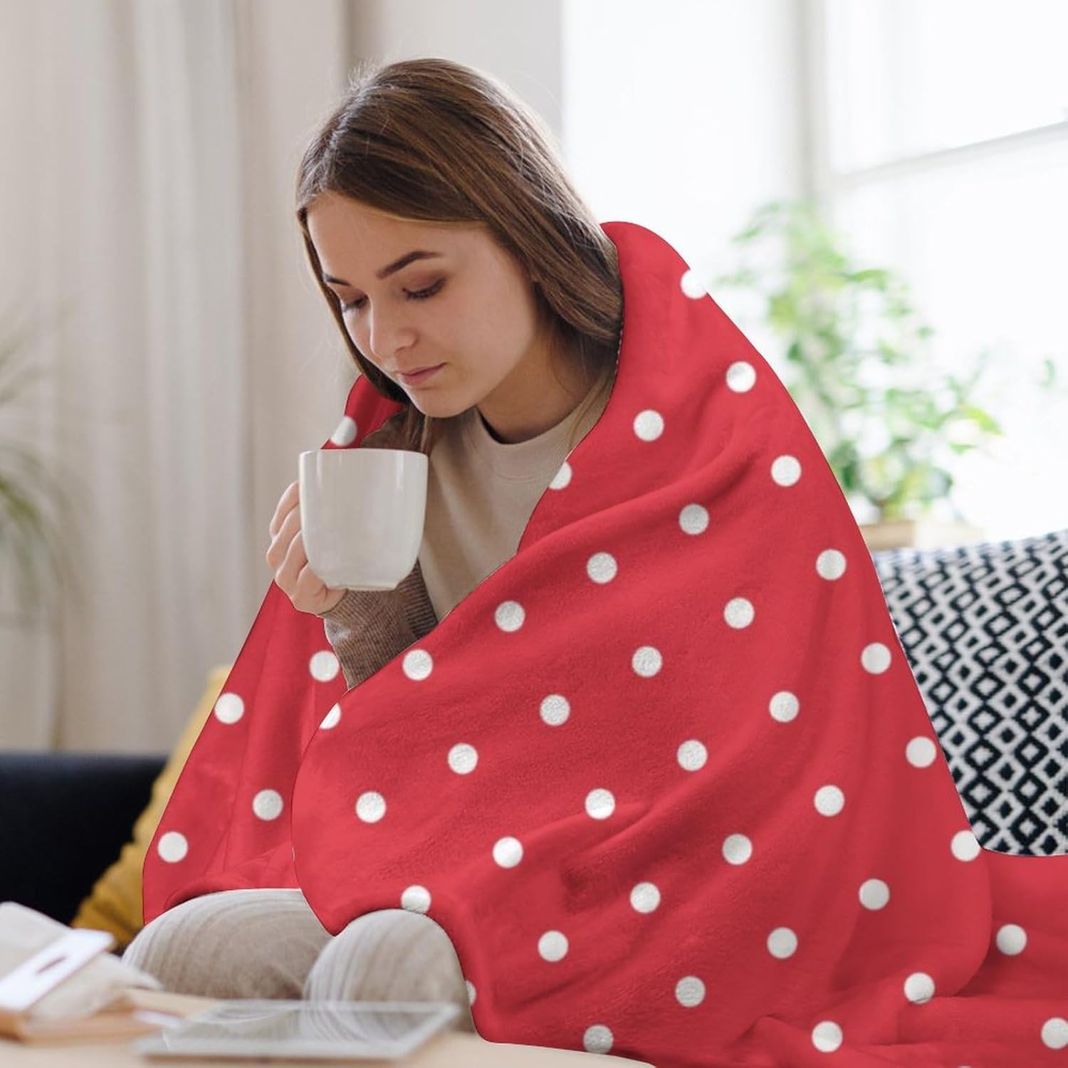 Manta de felpa de lunares rojo y blanco, suave y acogedora, manta de franela para todas las estaciones, para sofá, cama, 50 x 60 pulgadas