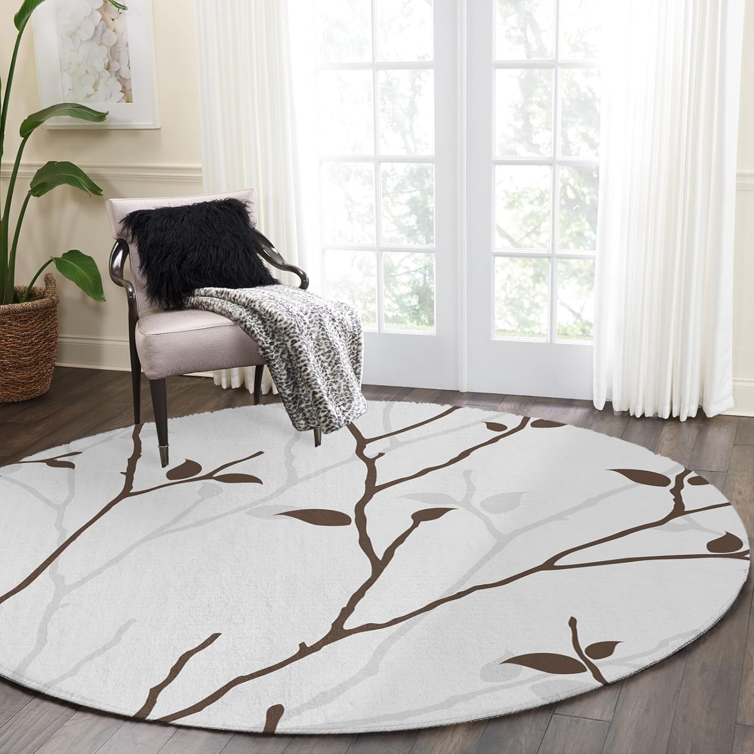 Round Rug 5Ft, Dead Branch Outline Soft Round Area Rug Machine Washable Non-Slip Circle Rug Carpet Inoor Throw Rug for Living Room Bedroom