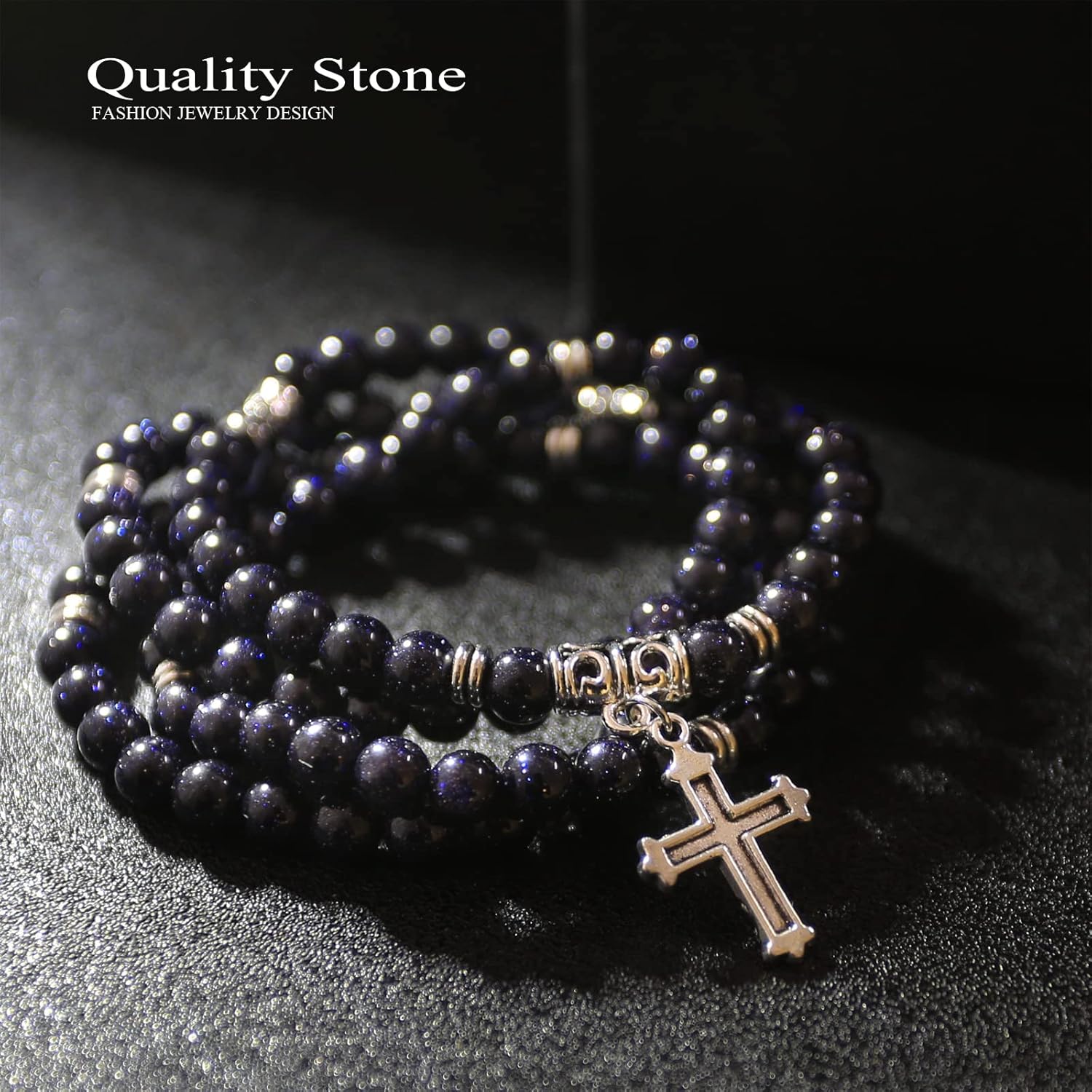 KS-WORKSHOP 108 Beads 6MM Wrap Bracelet for Women Handmade Stretch Long Chain Quality Stone Black Blue Sandstone Beaded Girls Charm Christ Pendant