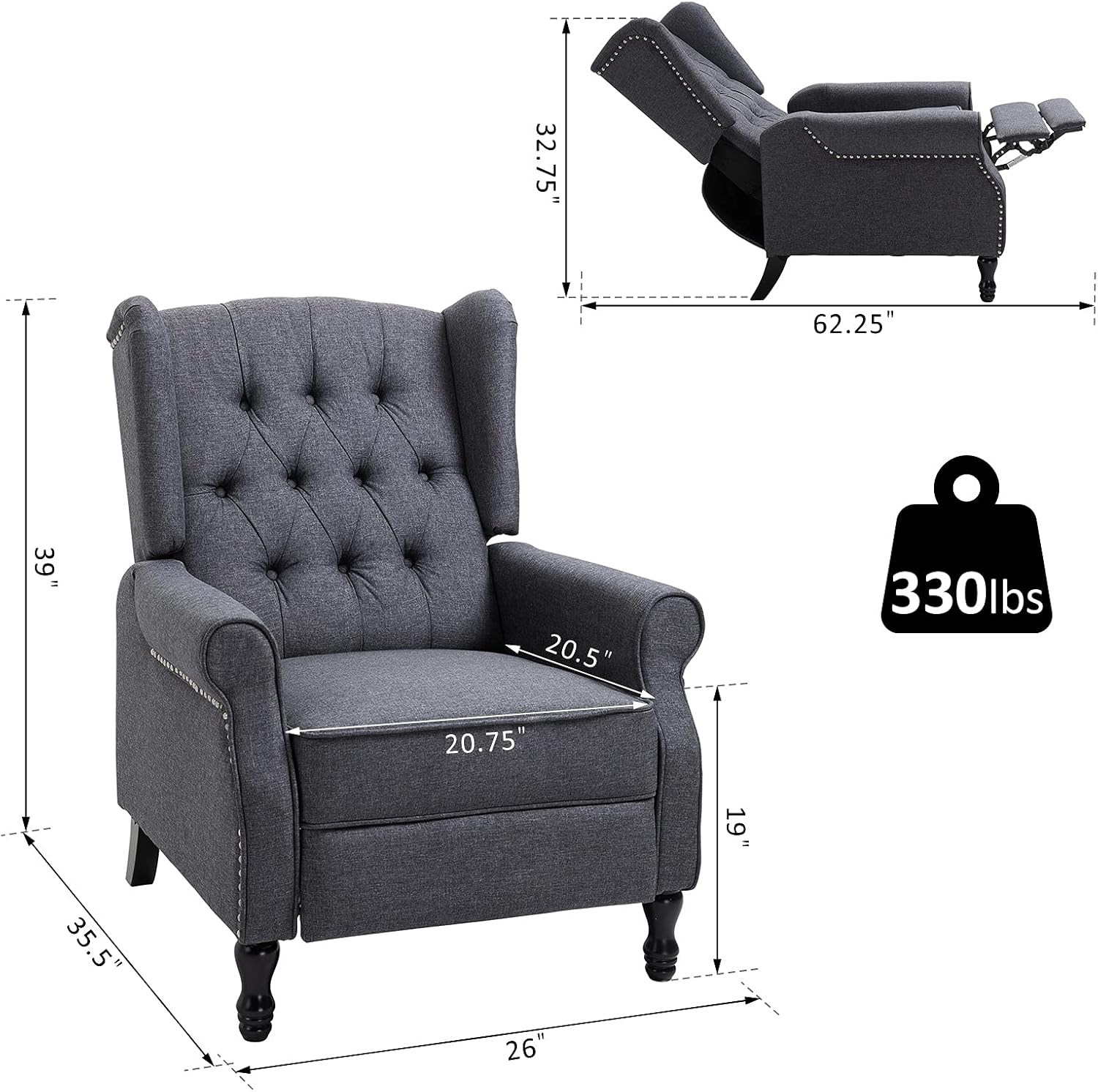 HOMCOM Silla reclinable tapizada de tela, silla de acento copetuda con respaldo de empuje, sillón de lino con reposapiés, reposabrazos, cojín