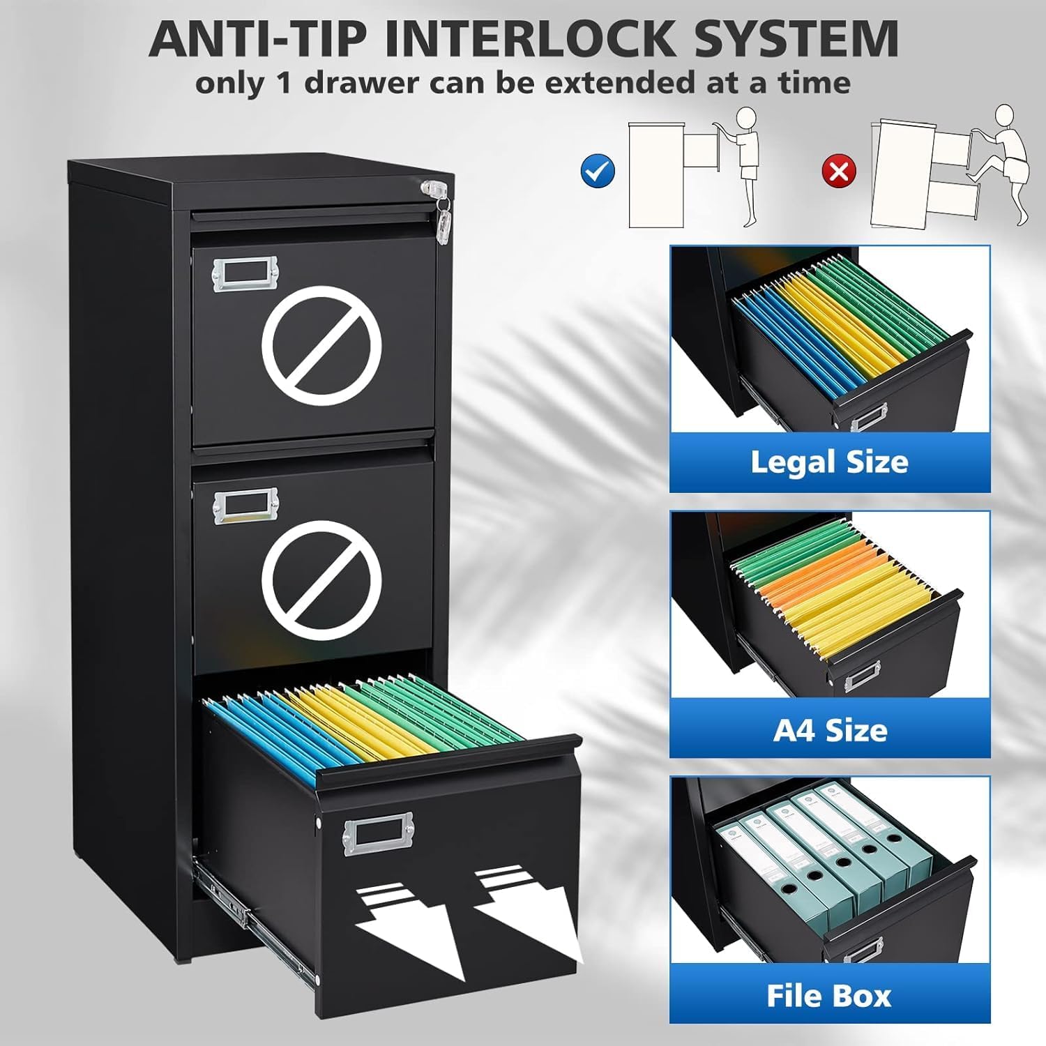 Archivador de 3 cajones para oficina en casa, archivador vertical con cerradura, archivador de metal con bloqueo, archivador pequeño organizador