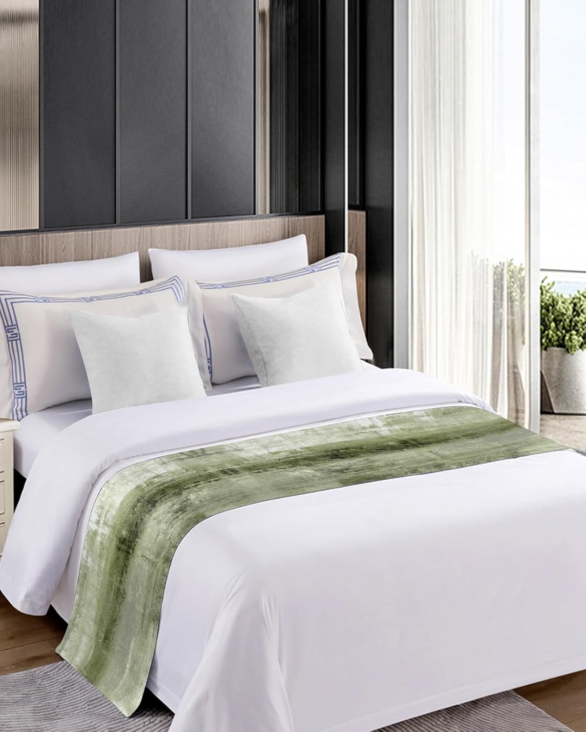 Camino de cama para cama tamaño Queen, color verde salvia, manta decorativa para pie de cama, pintura al óleo geométrica moderna, arte abstracto,