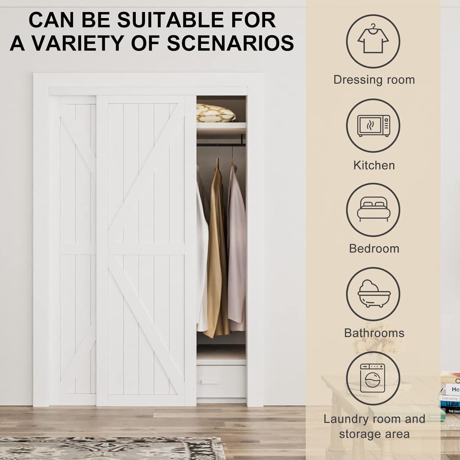 ARKHJEM Puerta corredera de armario, puerta corredera de diseño Doble-K, 60 x 80 pulgadas (doble 30 pulgadas), accesorios incluidos, panel de puerta